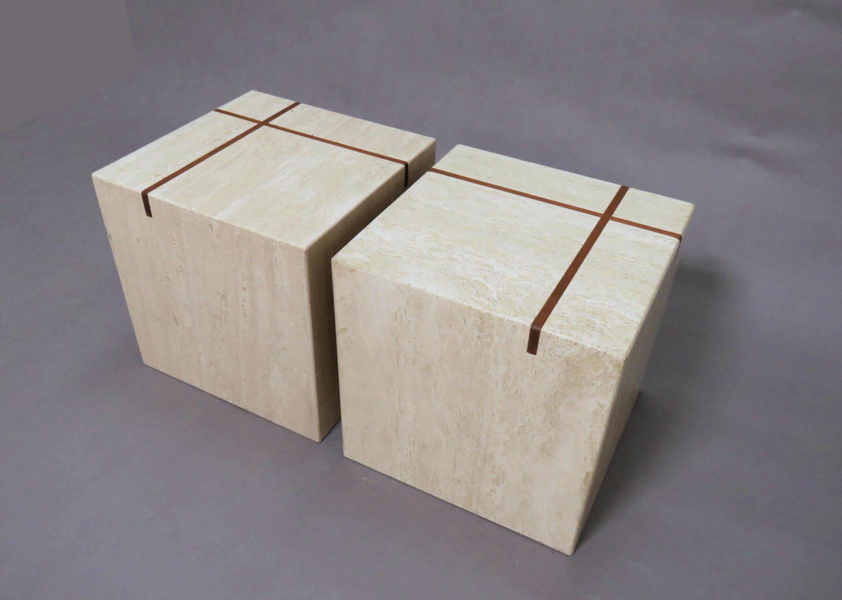 Mid-Century Modern Pair of Travertine Cube End Tables with Teak Banded Inlay, circa 1970s