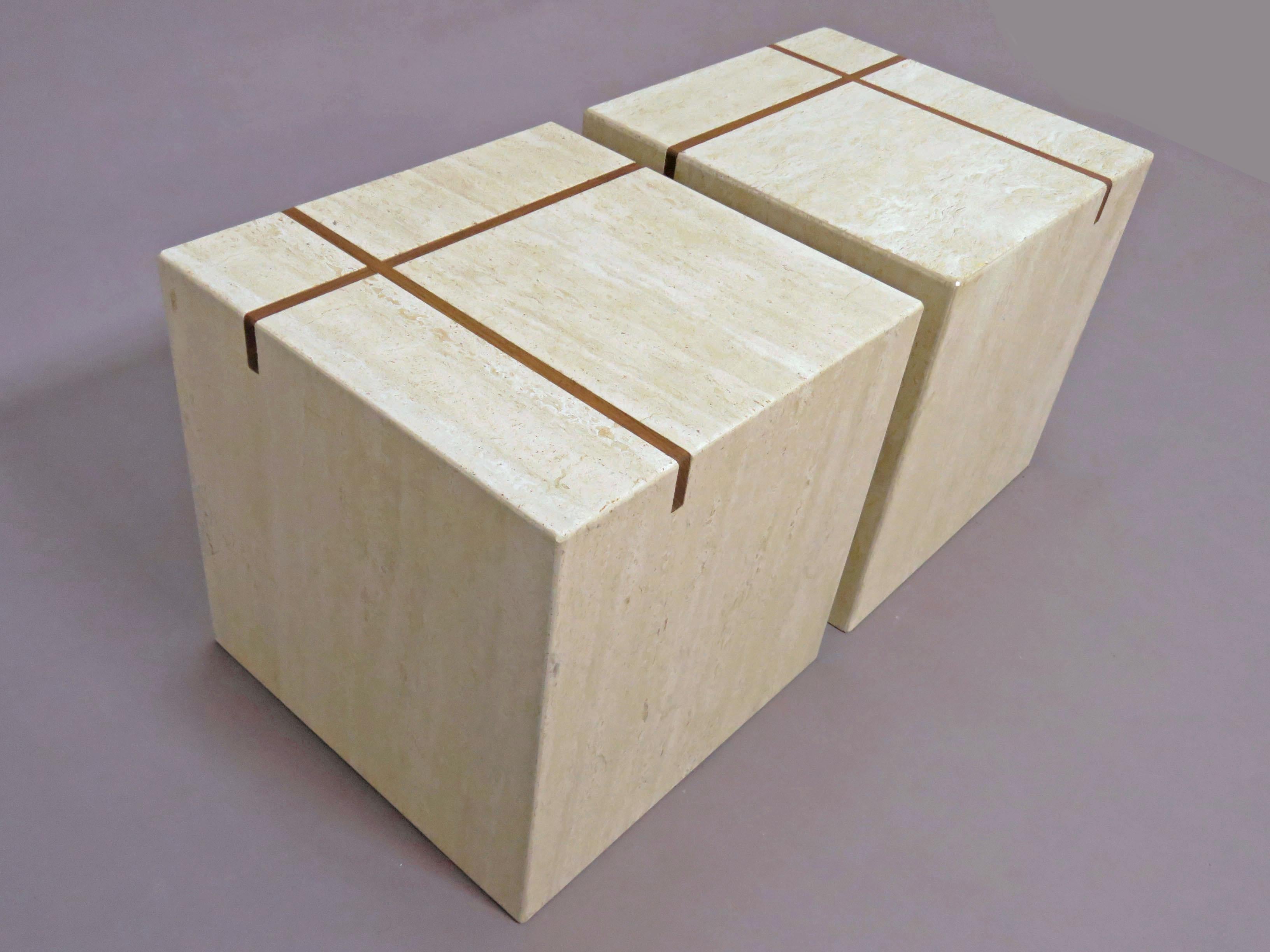 Late 20th Century Pair of Travertine Cube End Tables with Teak Banded Inlay, circa 1970s