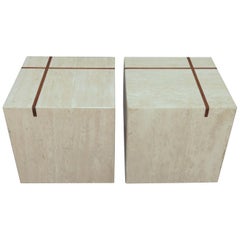 Pair of Travertine Cube End Tables with Teak Banded Inlay, circa 1970s