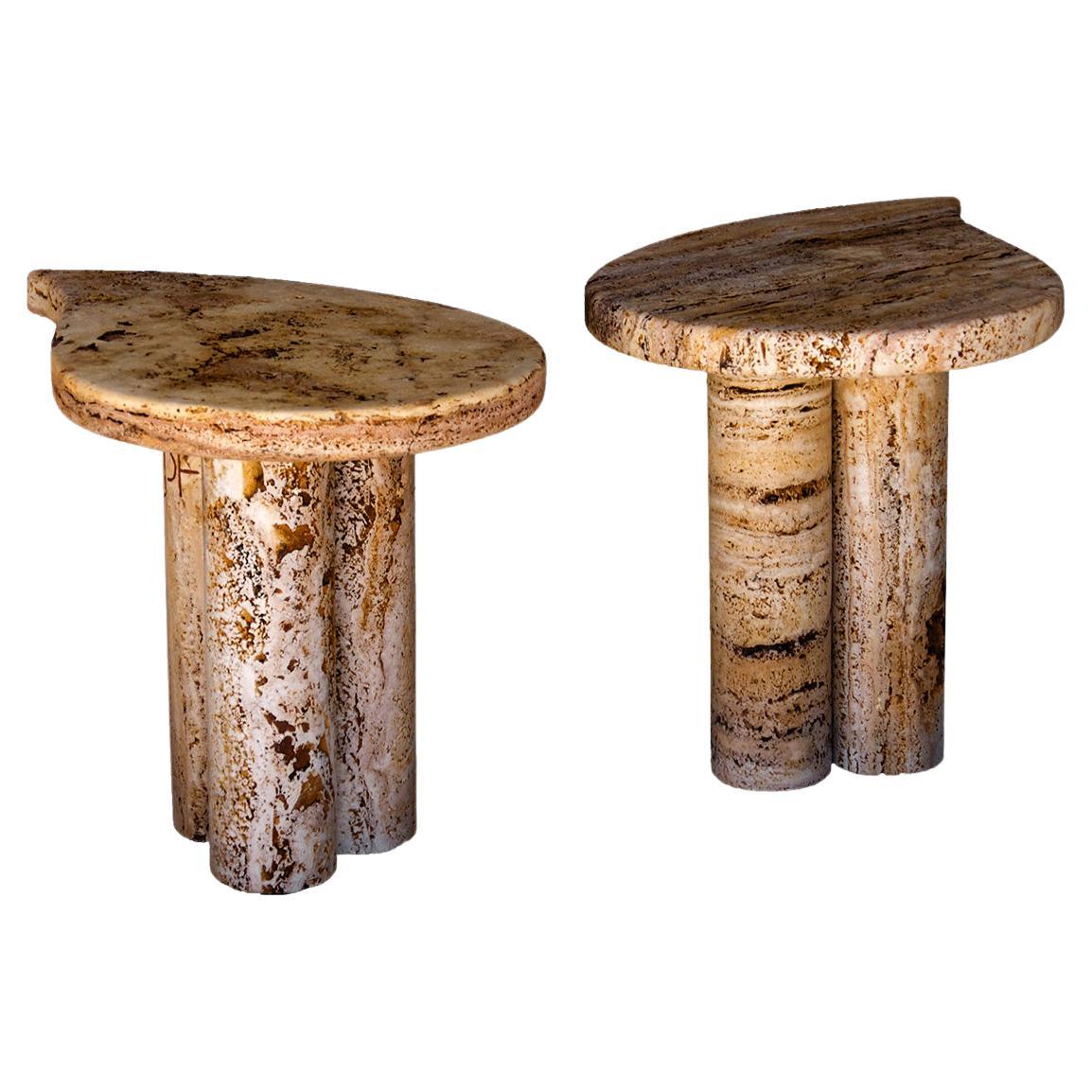Pair of Travertine Drop Side Tables by Jean Frederic Bourdier