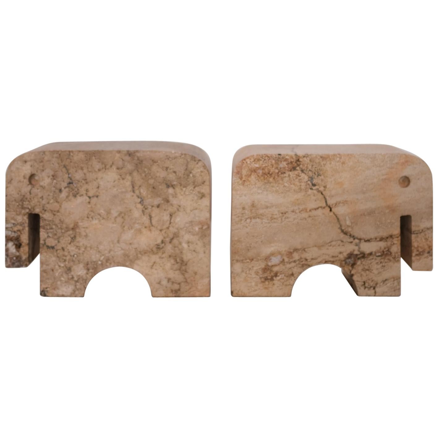 Pair of Travertine Flli Mannelli Elephant Bookends