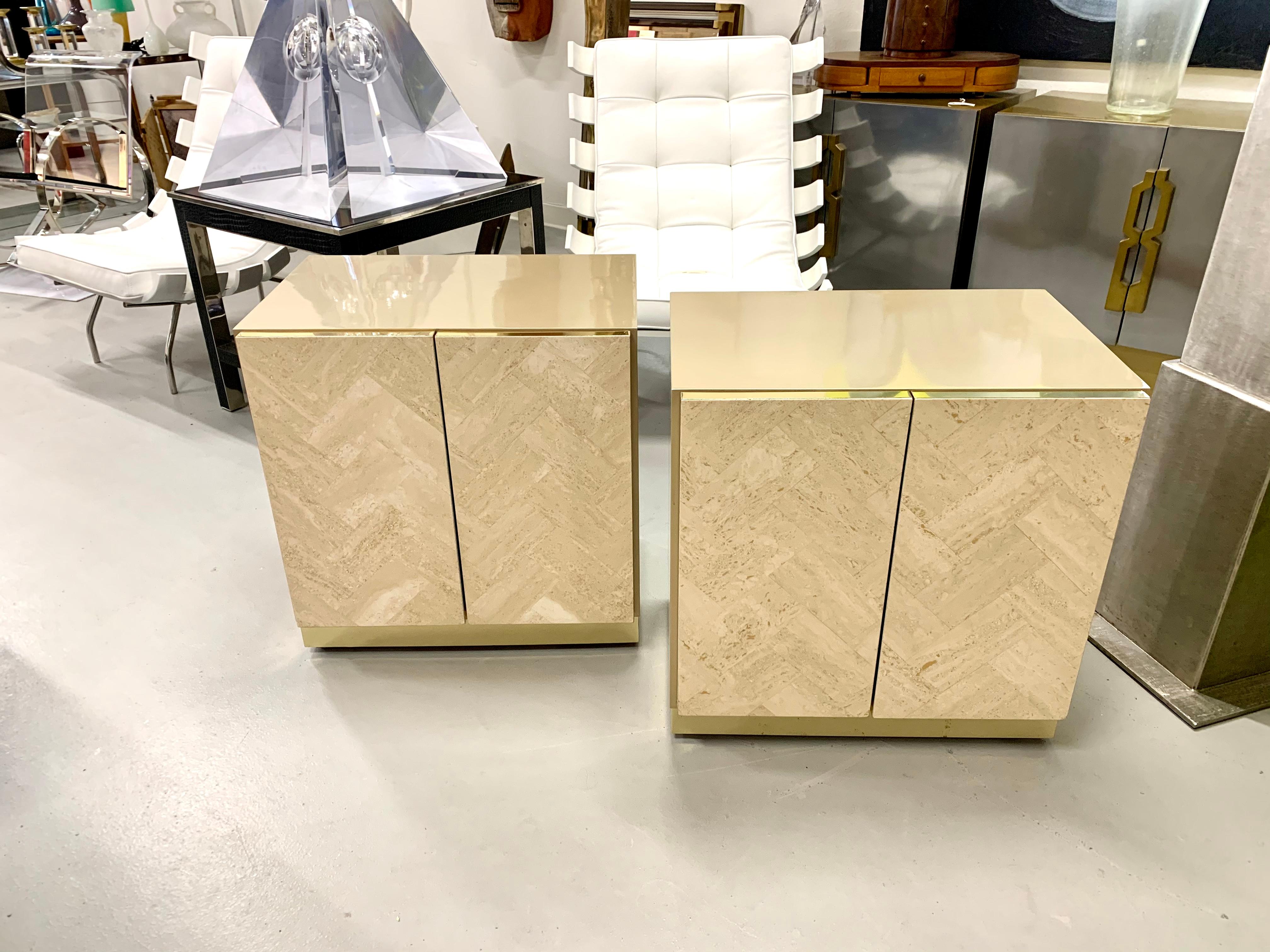 American Pair of Travertine Front Nightstands For Sale