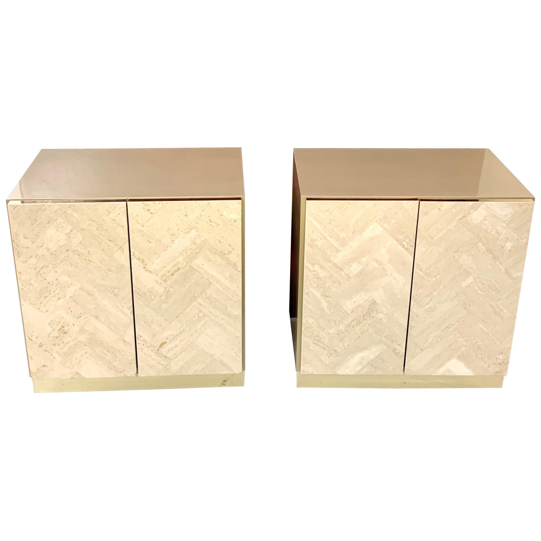 Pair of Travertine Front Nightstands For Sale