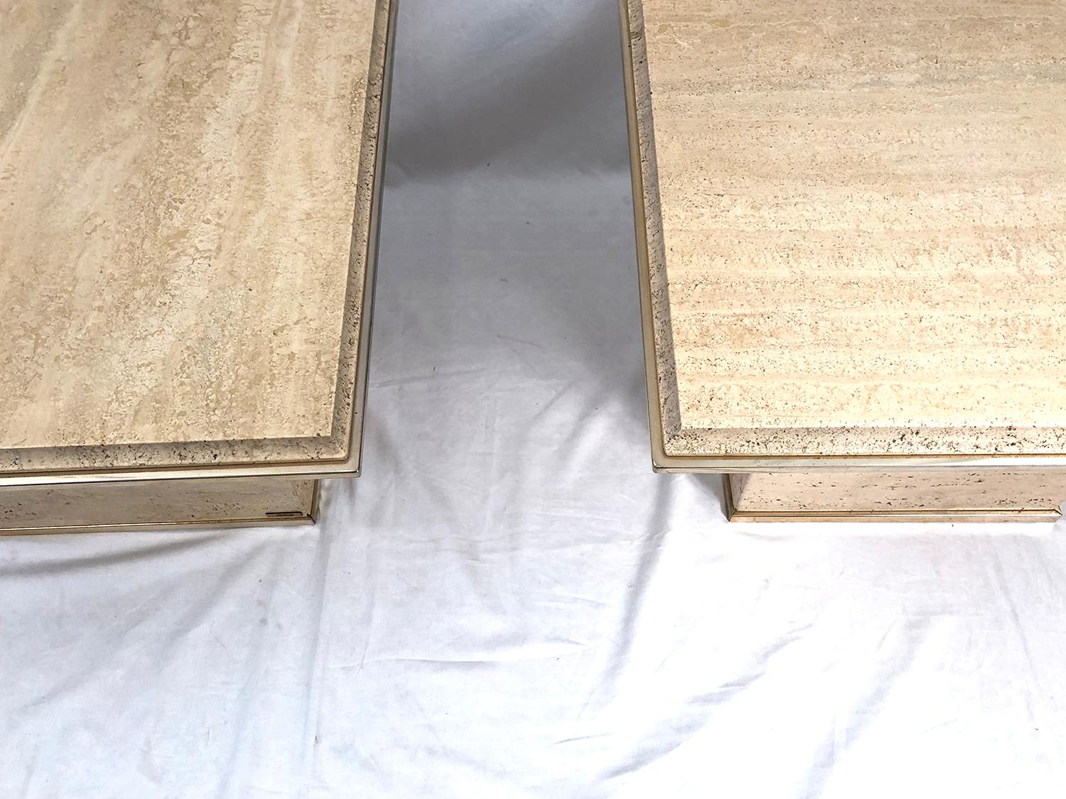 Pair of Travertine Gilt Brass End Tables, 1970s For Sale 1