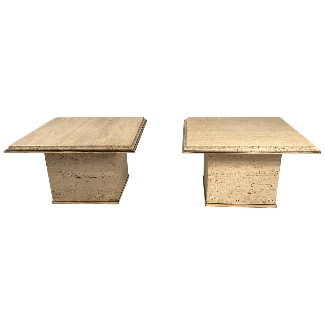 Pair of Travertine Gilt Brass End Tables, 1970s For Sale