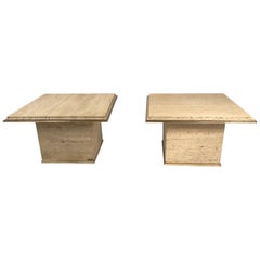 Pair of Travertine Gilt Brass End Tables, 1970s