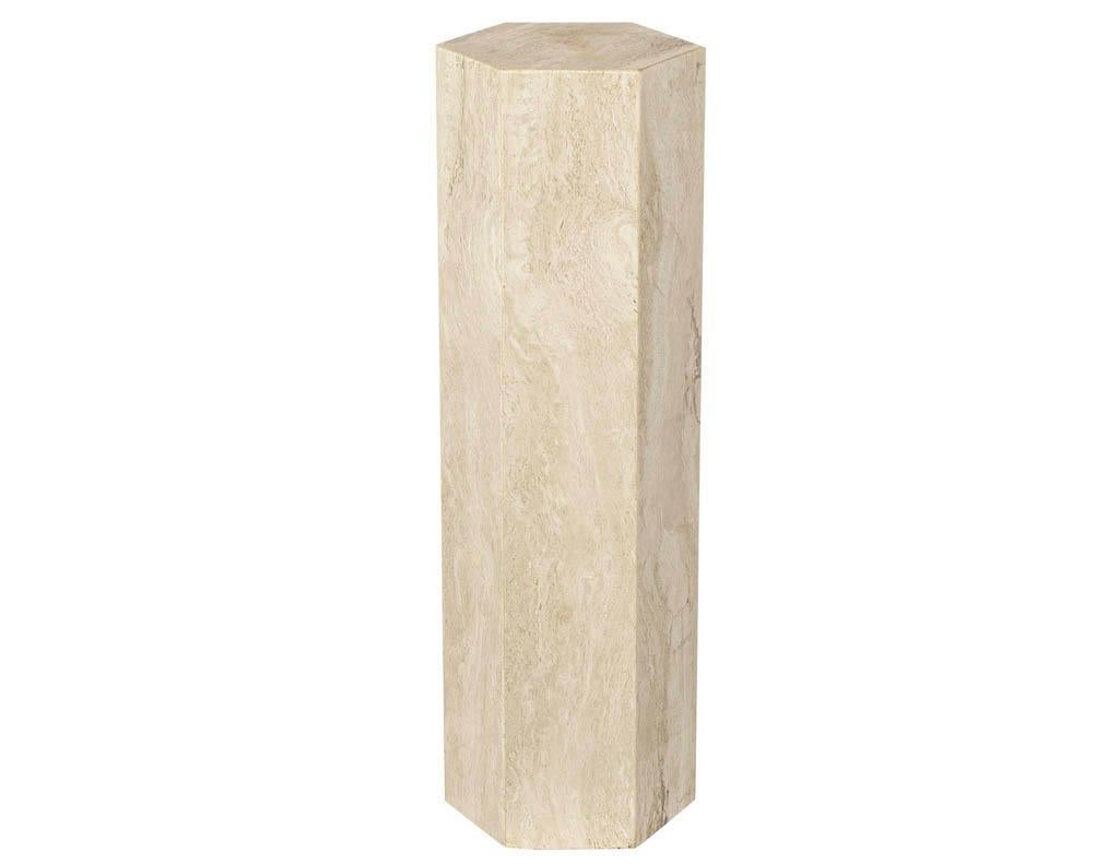 Pair of travertine hexagonal pedestals. Vintage Italian travertine pedestals, all original.

Price includes complimentary curb side delivery to the continental USA.