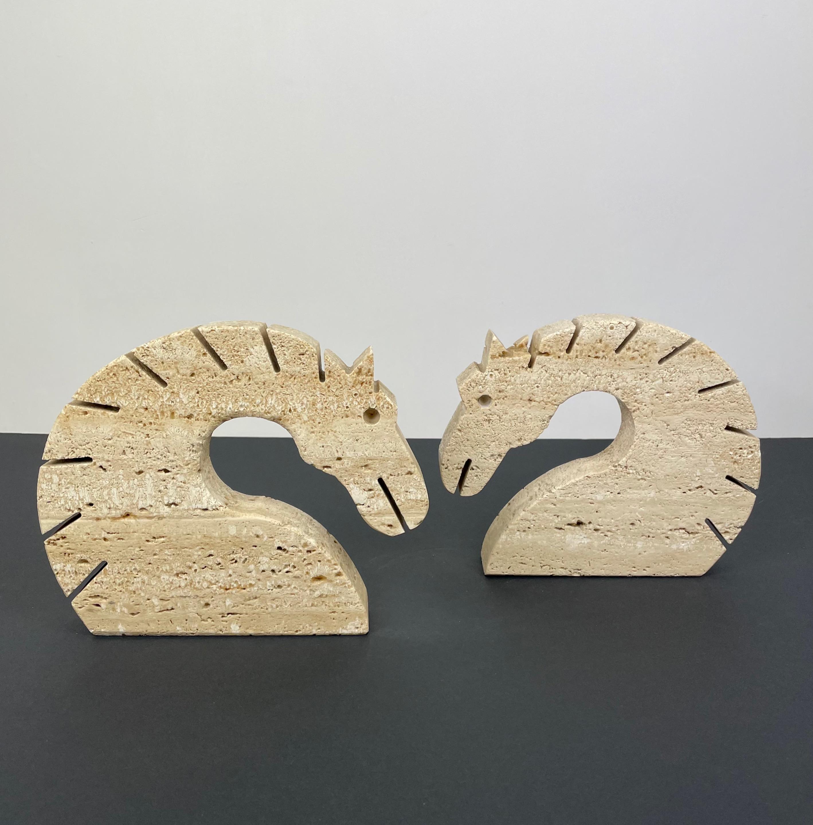Italian Pair of Travertine Horse Bookends Letter Holder by Fratelli Mannelli Italy 1970s For Sale