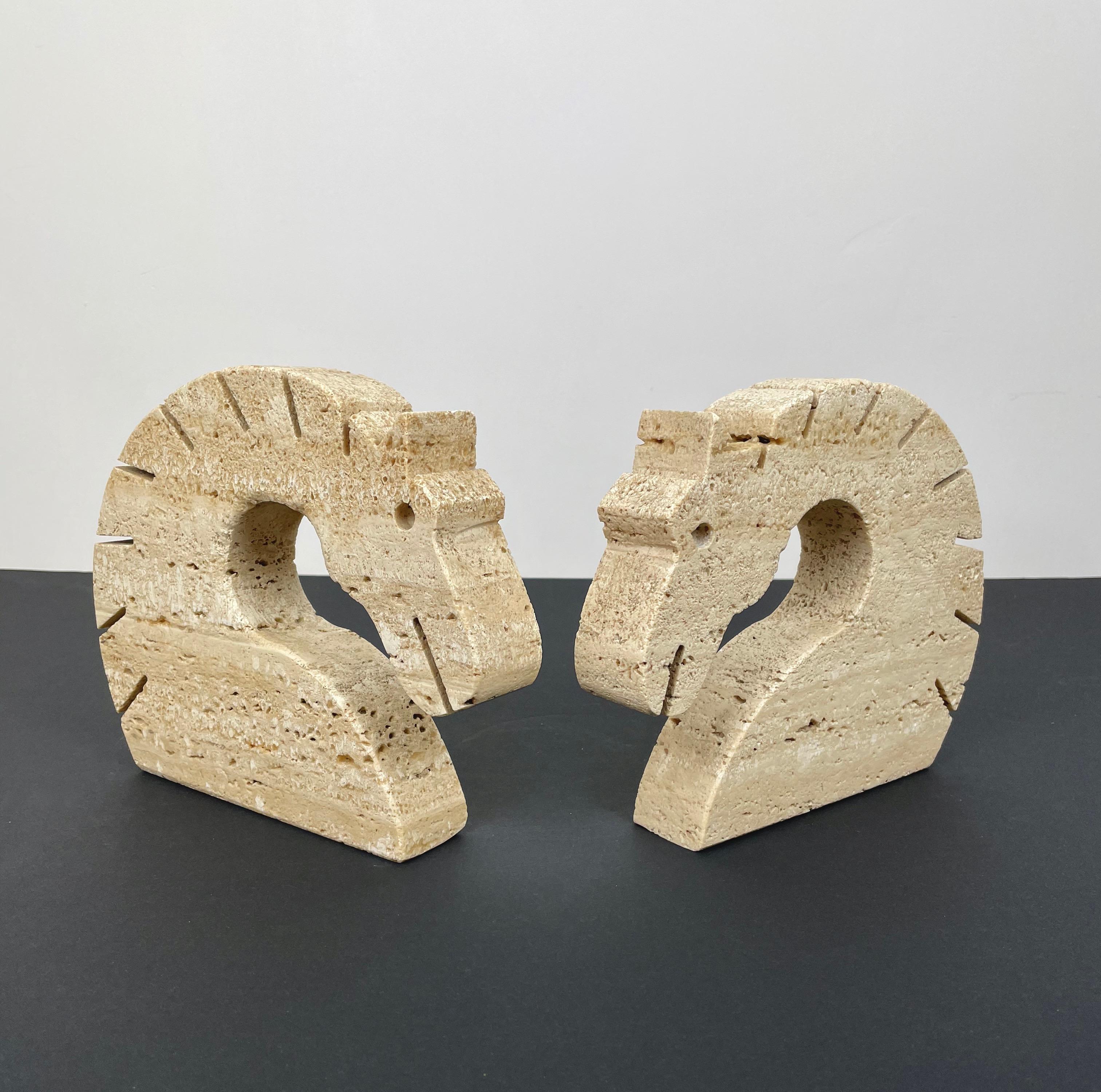 Pair of Travertine Horse Bookends Letter Holder by Fratelli Mannelli Italy 1970s For Sale 1
