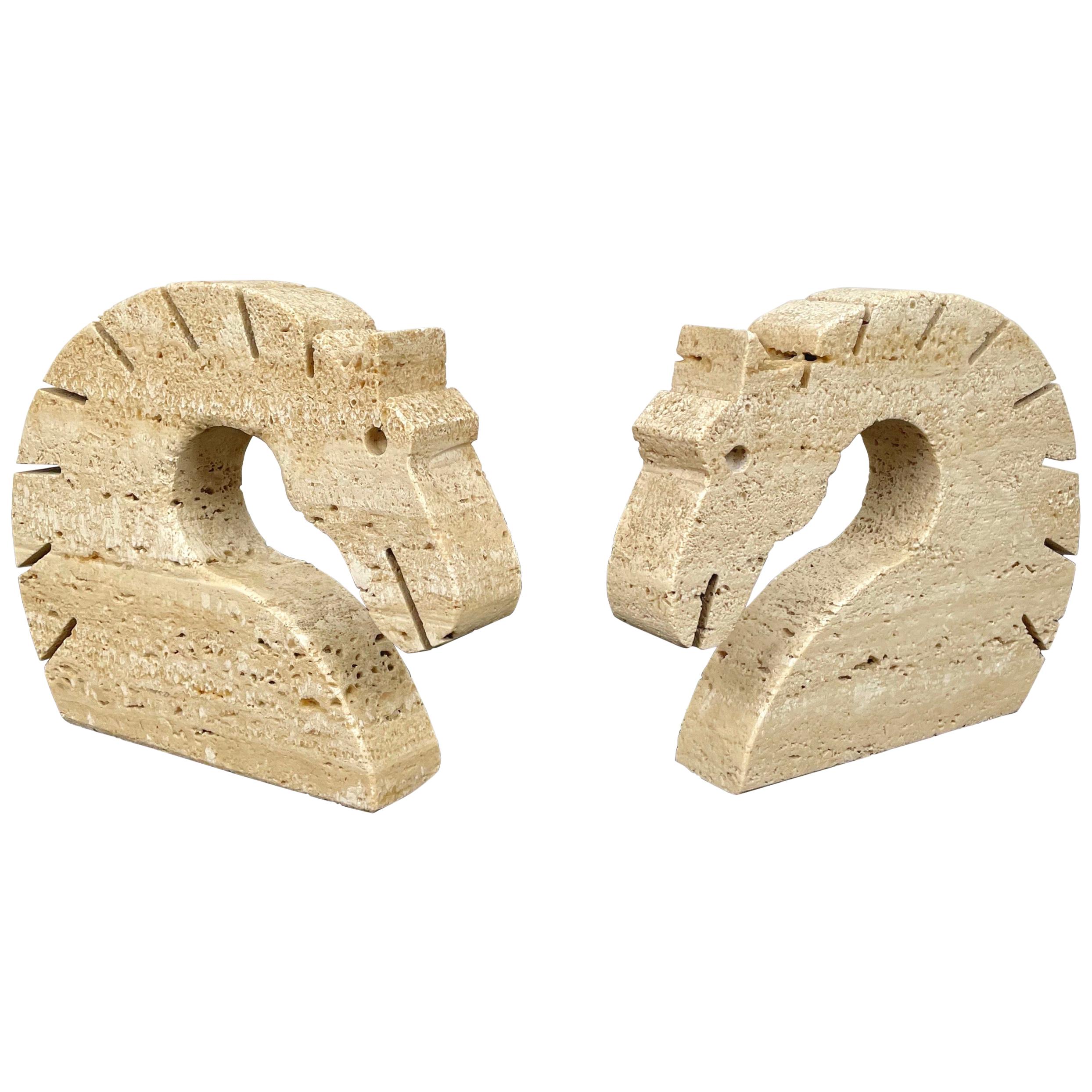 Pair of Travertine Horse Bookends Letter Holder by Fratelli Mannelli Italy 1970s For Sale