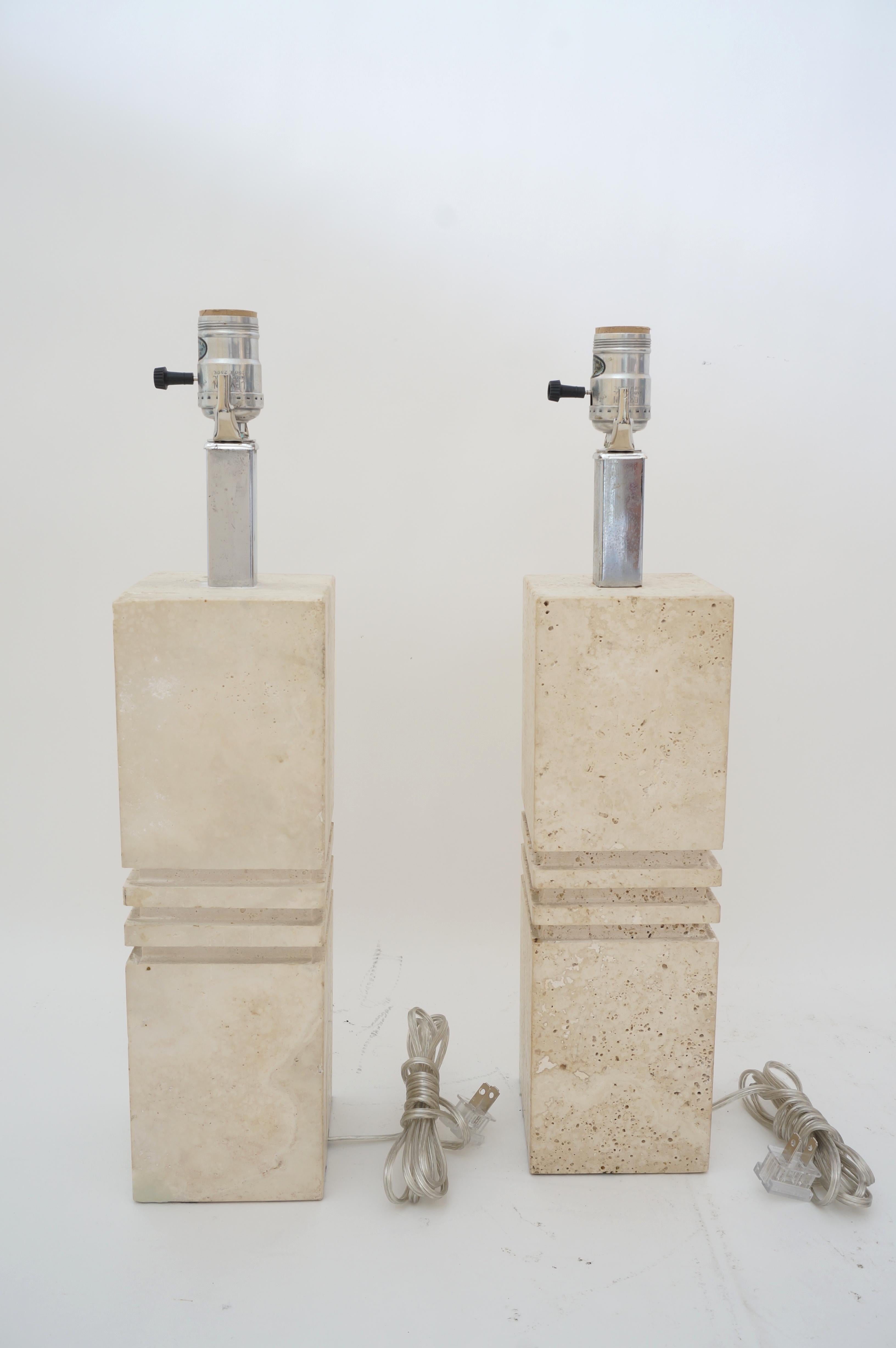 Hand-Carved Pair of Travertine Lamps by Reggiani for Raymor