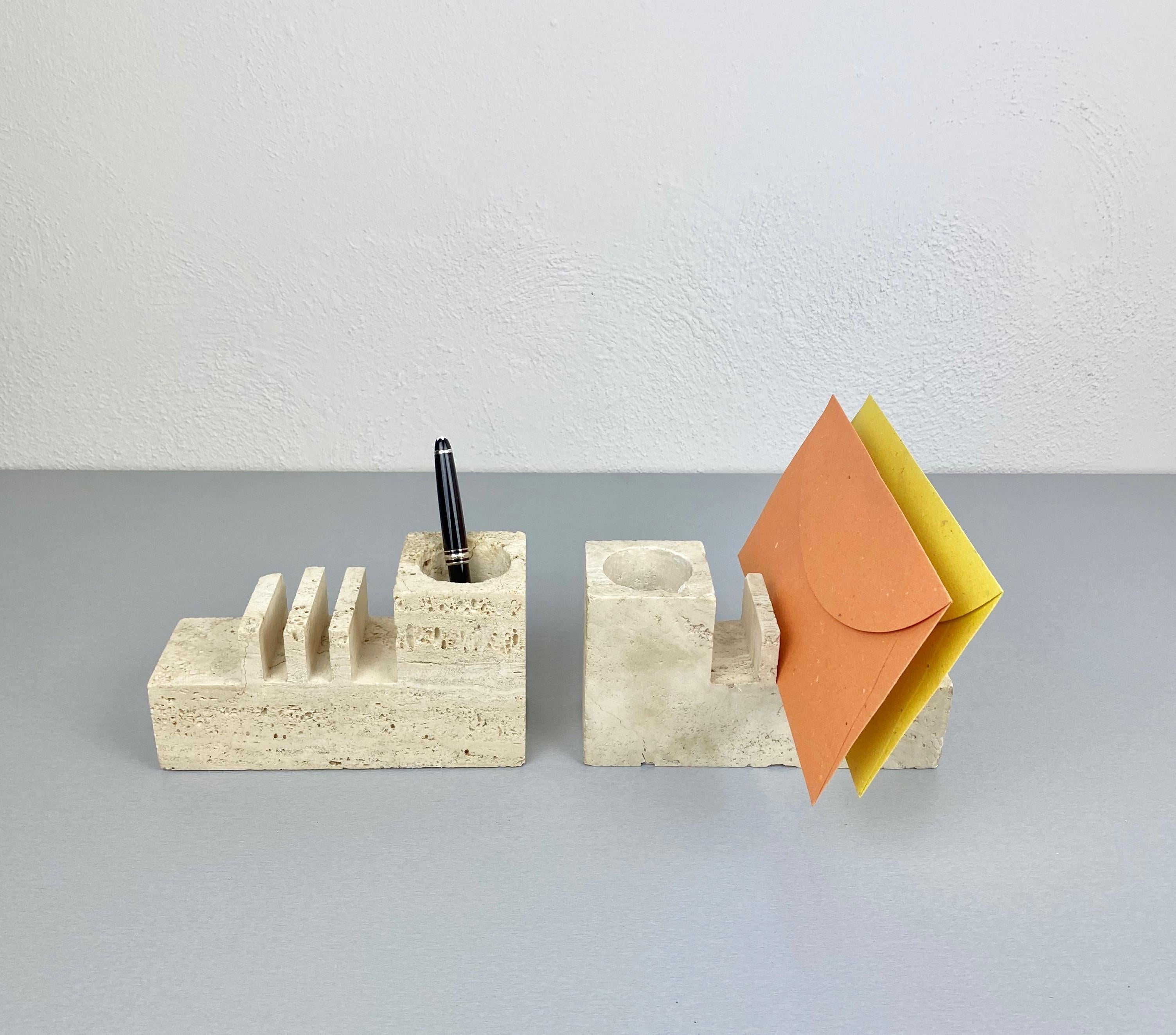 Italian Pair of Travertine Letter and Pen Holder by Fratelli Mannelli, Italy, 1970s For Sale