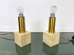 Pair of Travertine Marble and Brass Table Lamp by Fratelli Mannelli Italy 1970s