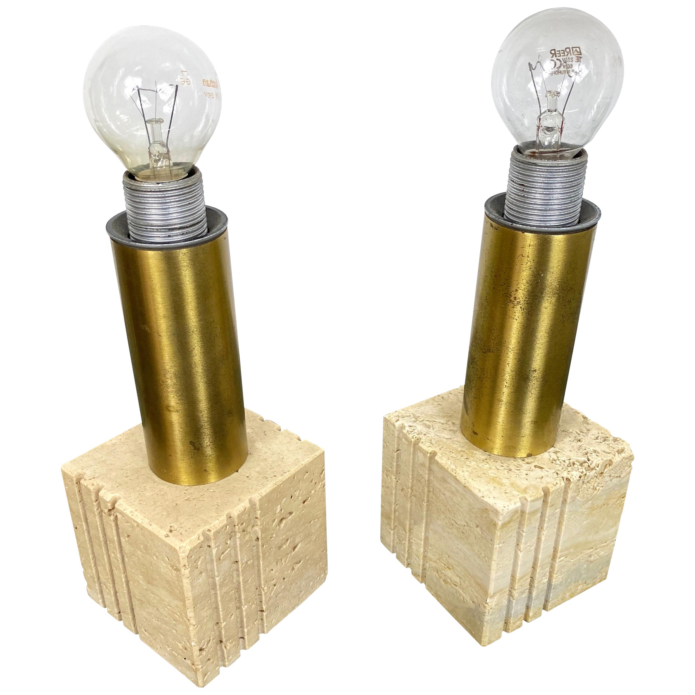 Pair of Travertine Marble and Brass Table Lamp by Fratelli Mannelli Italy 1970s