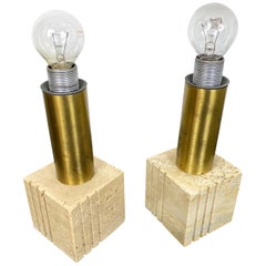 Pair of Travertine Marble and Brass Table Lamp by Fratelli Mannelli Italy 1970s