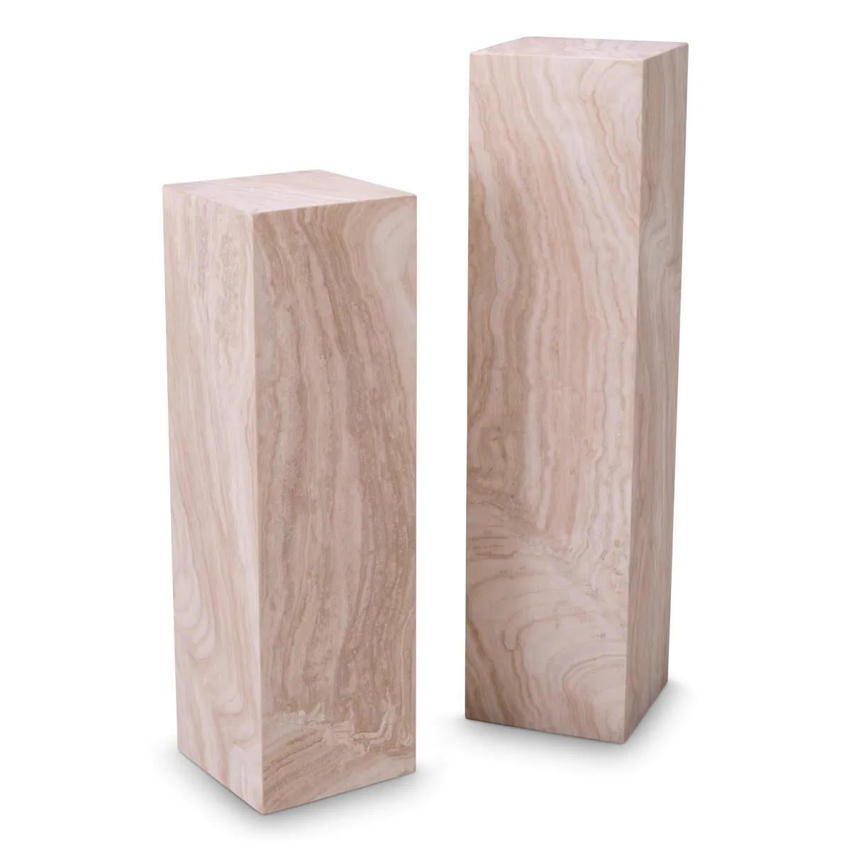 Pair of travertine marble columns, 21st century.

Pair of very fine travertine marble columns, modern work.
H: 120 cm W: 30 cm D: 30 cm 

Production time: 2-3 weeks