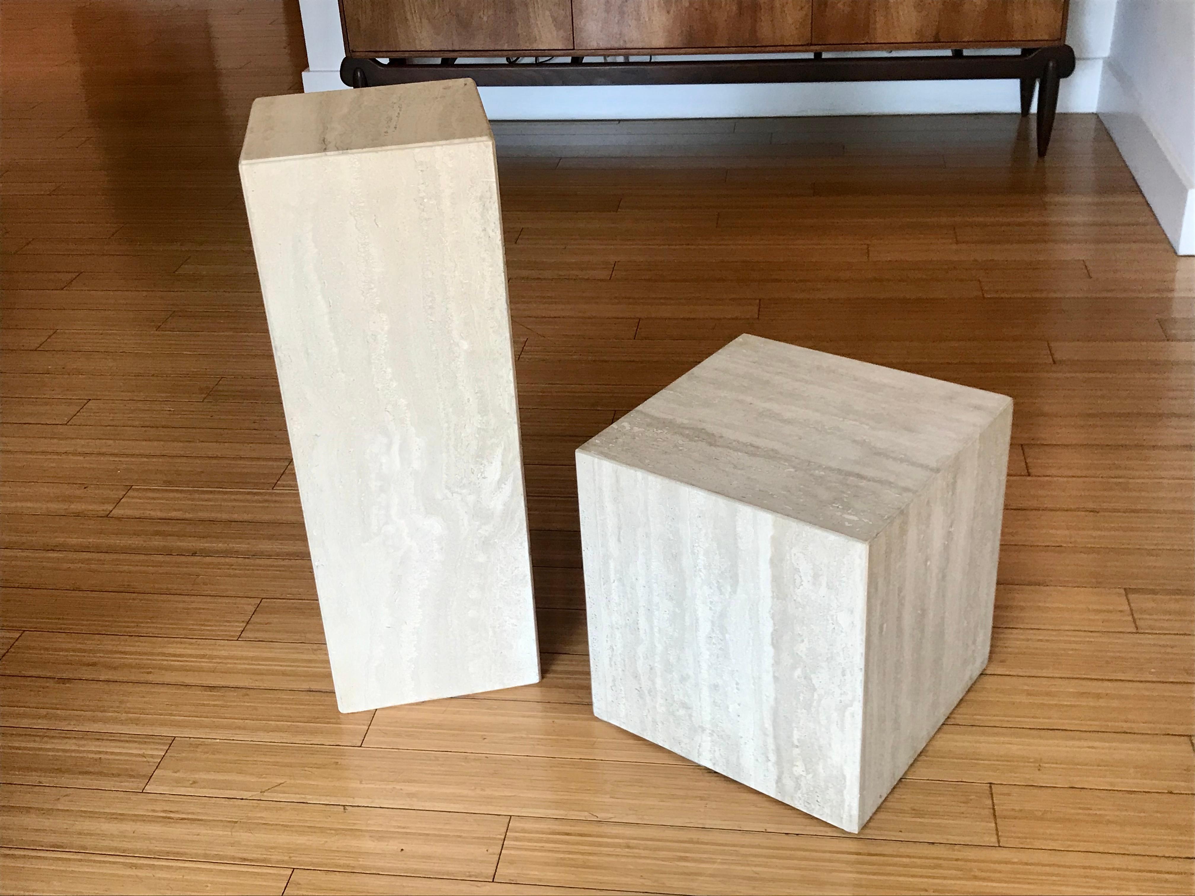 Modern Pair of Travertine Marble Pedestal Tables, 1980's