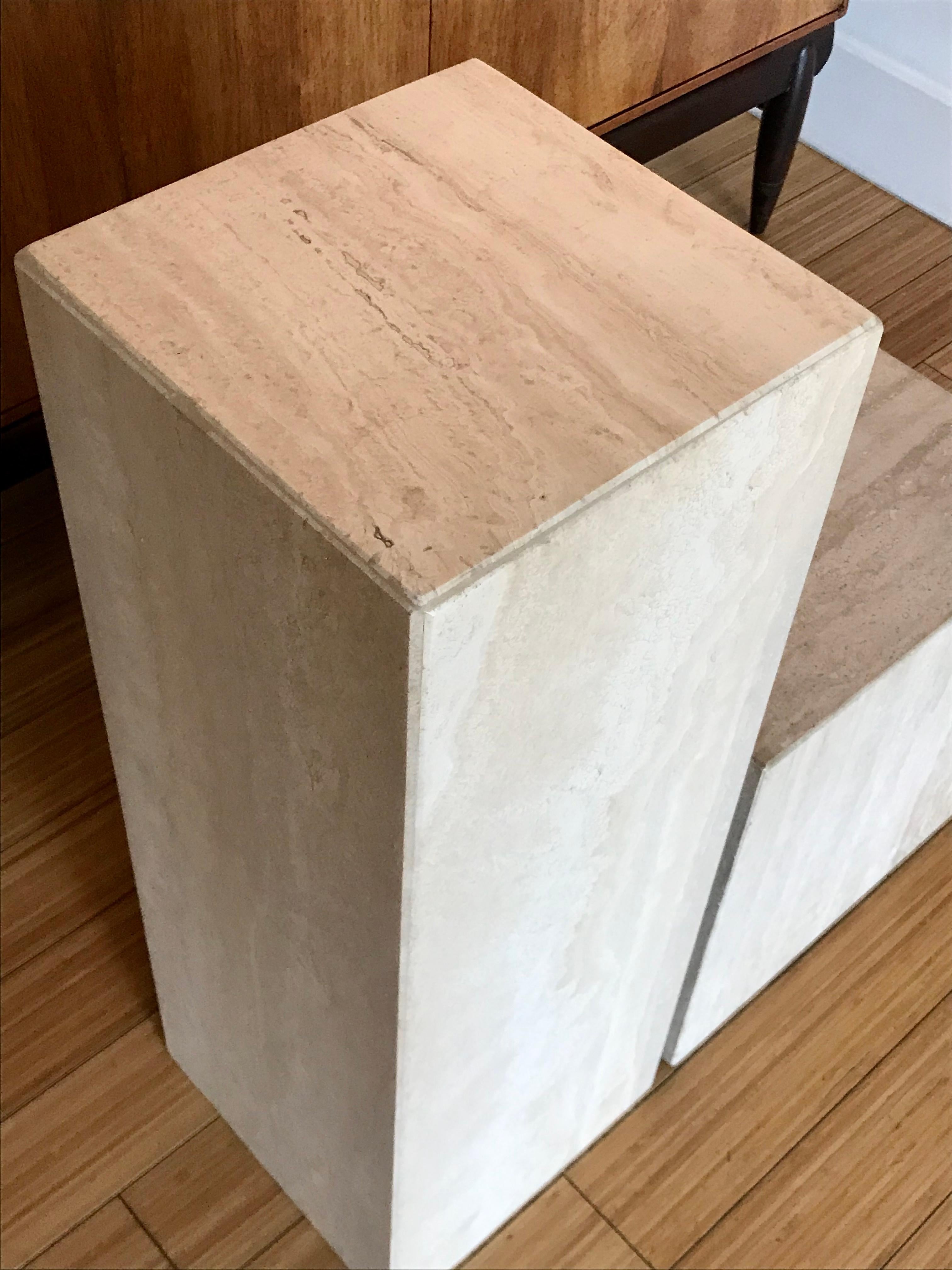 Polished Pair of Travertine Marble Pedestal Tables, 1980's