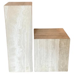 Pair of Travertine Marble Pedestal Tables, 1980's