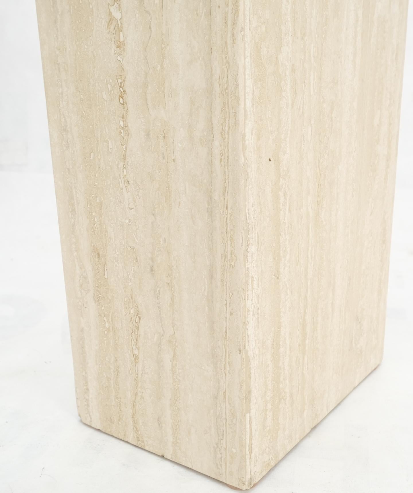 Pair of Travertine Pedestal Bases Brass Frames Glass Tops End Side Tables Stands For Sale 4