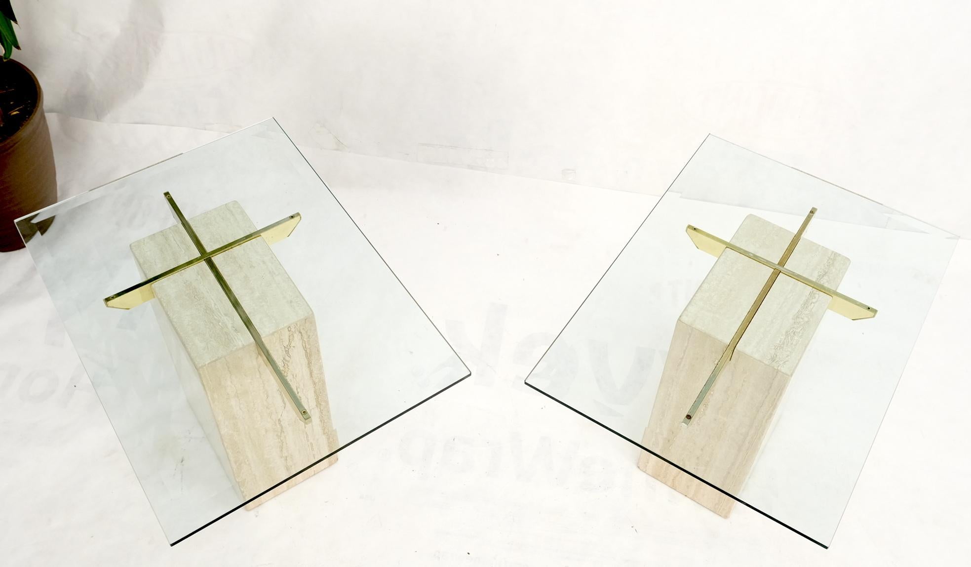Pair of Travertine Pedestal Bases Brass Frames Glass Tops End Side Tables Stands In Good Condition For Sale In Rockaway, NJ