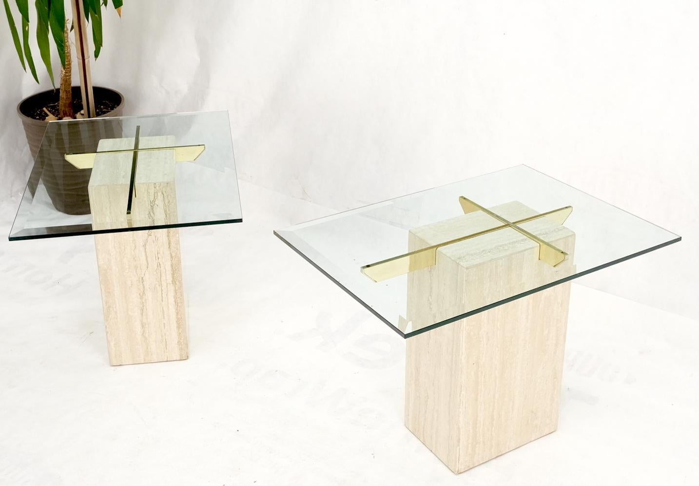 Pair of Travertine Pedestal Bases Brass Frames Glass Tops End Side Tables Stands For Sale 1