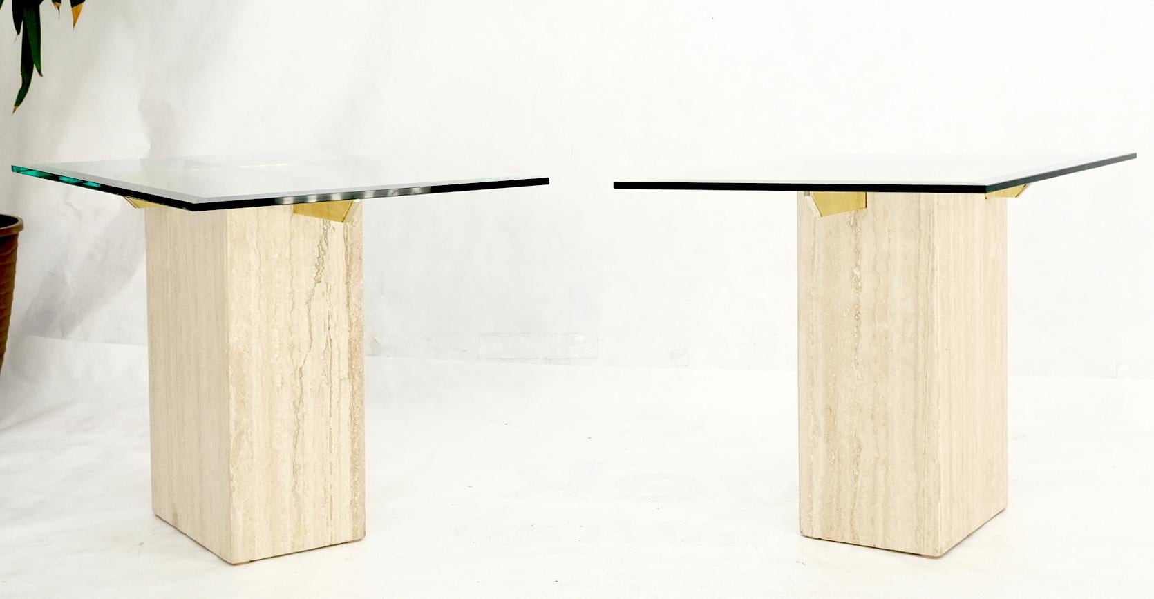 Pair of Travertine Pedestal Bases Brass Frames Glass Tops End Side Tables Stands For Sale 2