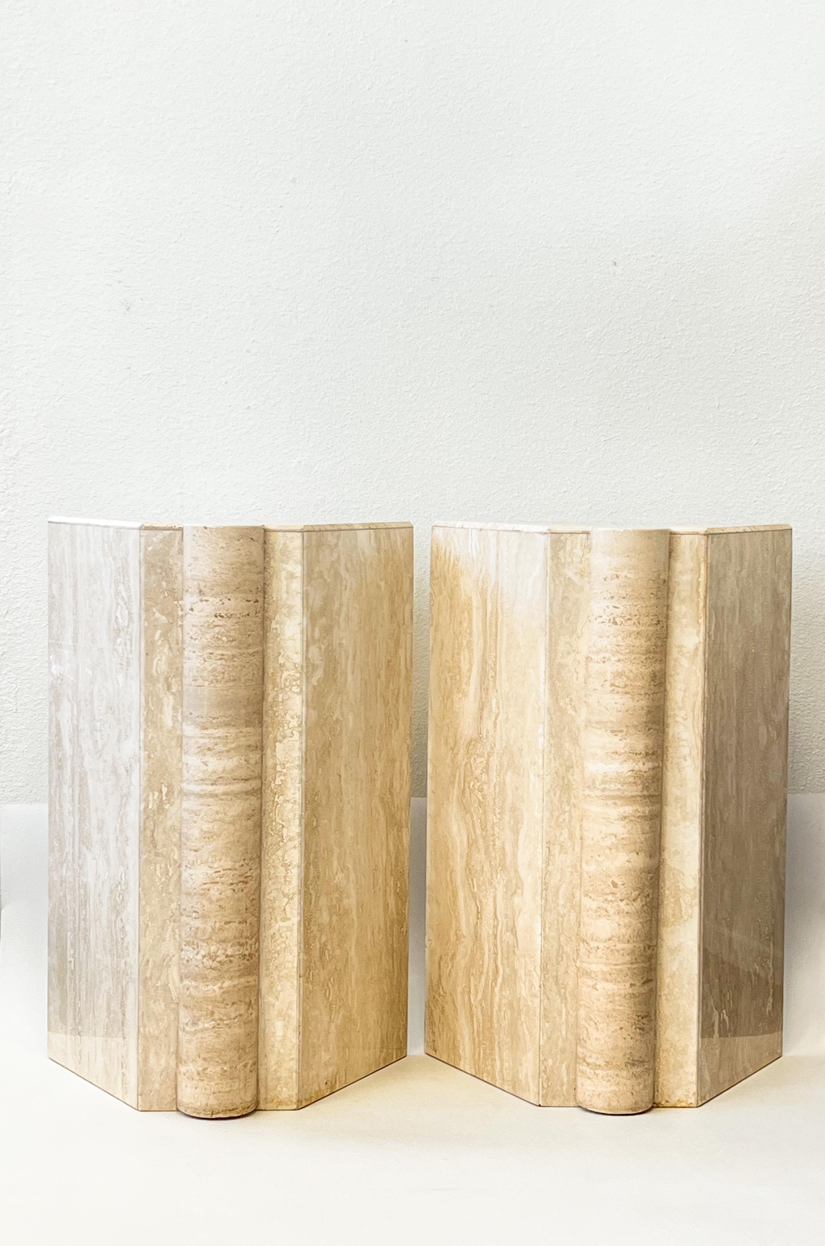 Polished Pair of Travertine Post-Modern Dining Table Bases Pedestals For Sale