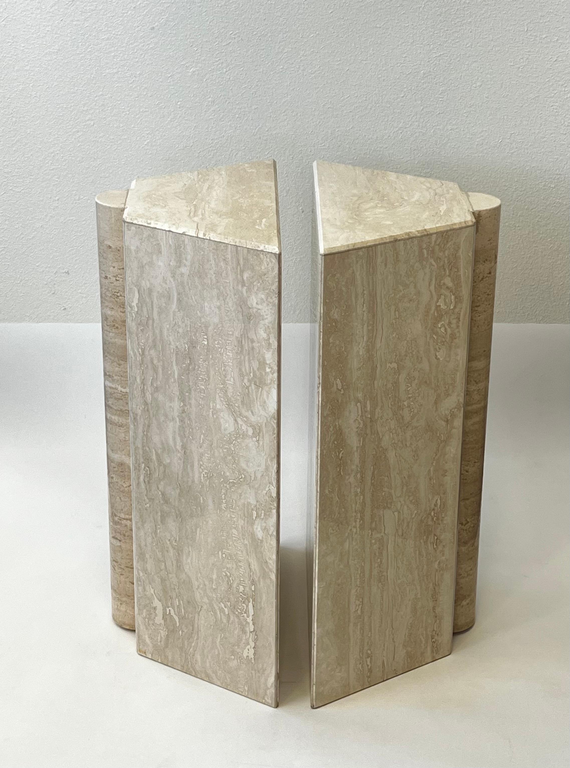 Late 20th Century Pair of Travertine Post-Modern Dining Table Bases Pedestals For Sale