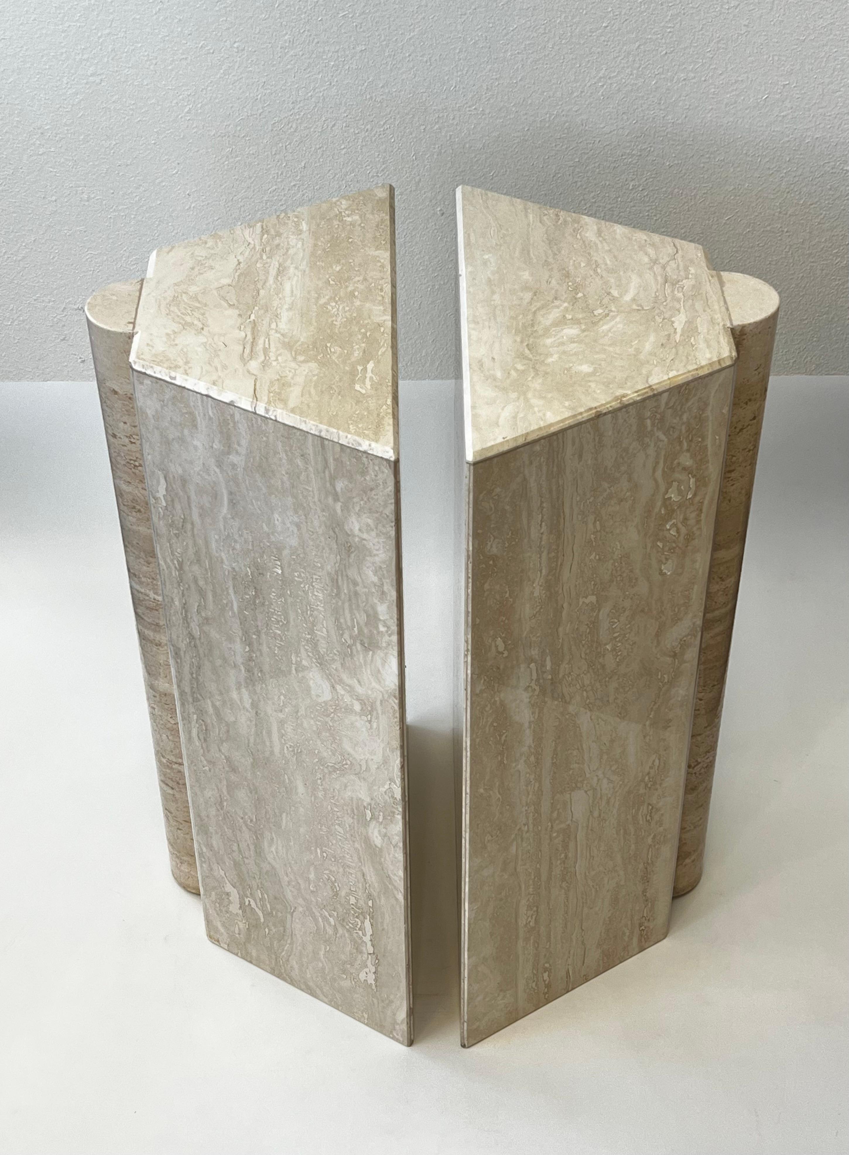 Pair of Travertine Post-Modern Dining Table Bases Pedestals For Sale 1
