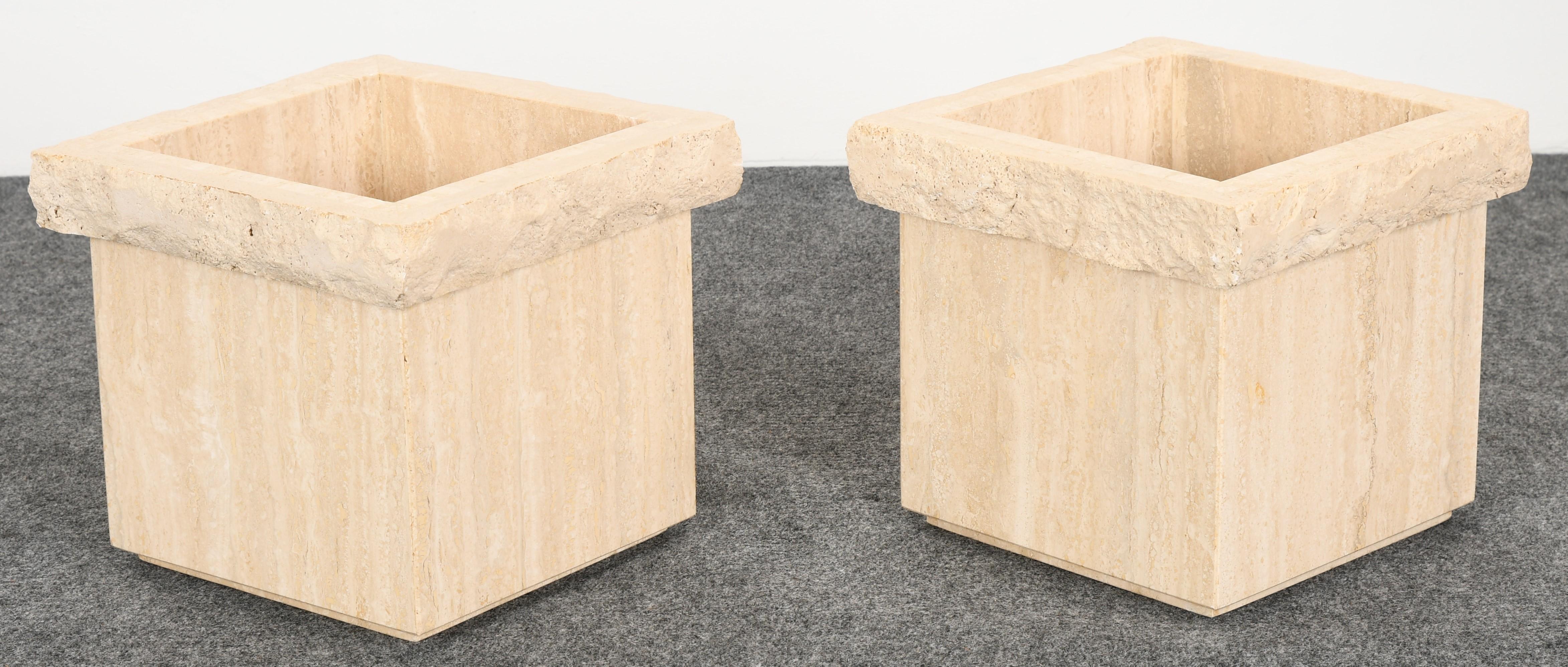 Late 20th Century Pair of Travertine Roche Bobois Style Marble Planters, 1970s