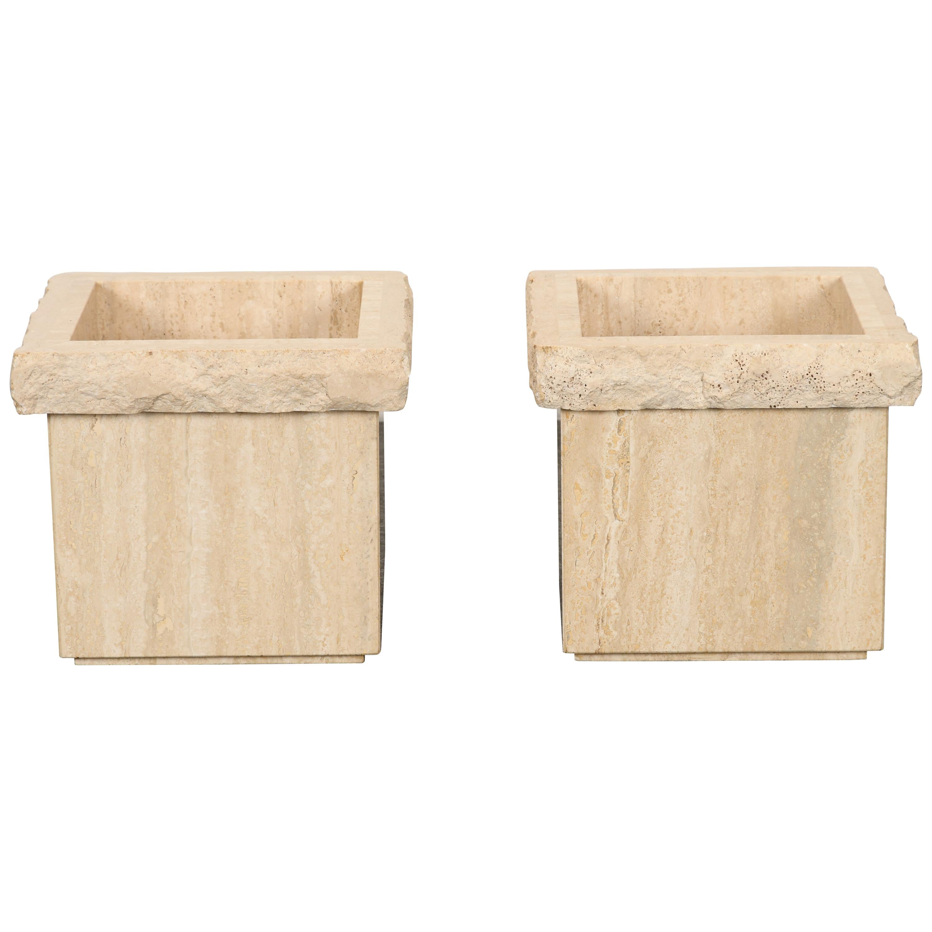 Pair of Travertine Roche Bobois Style Marble Planters, 1970s