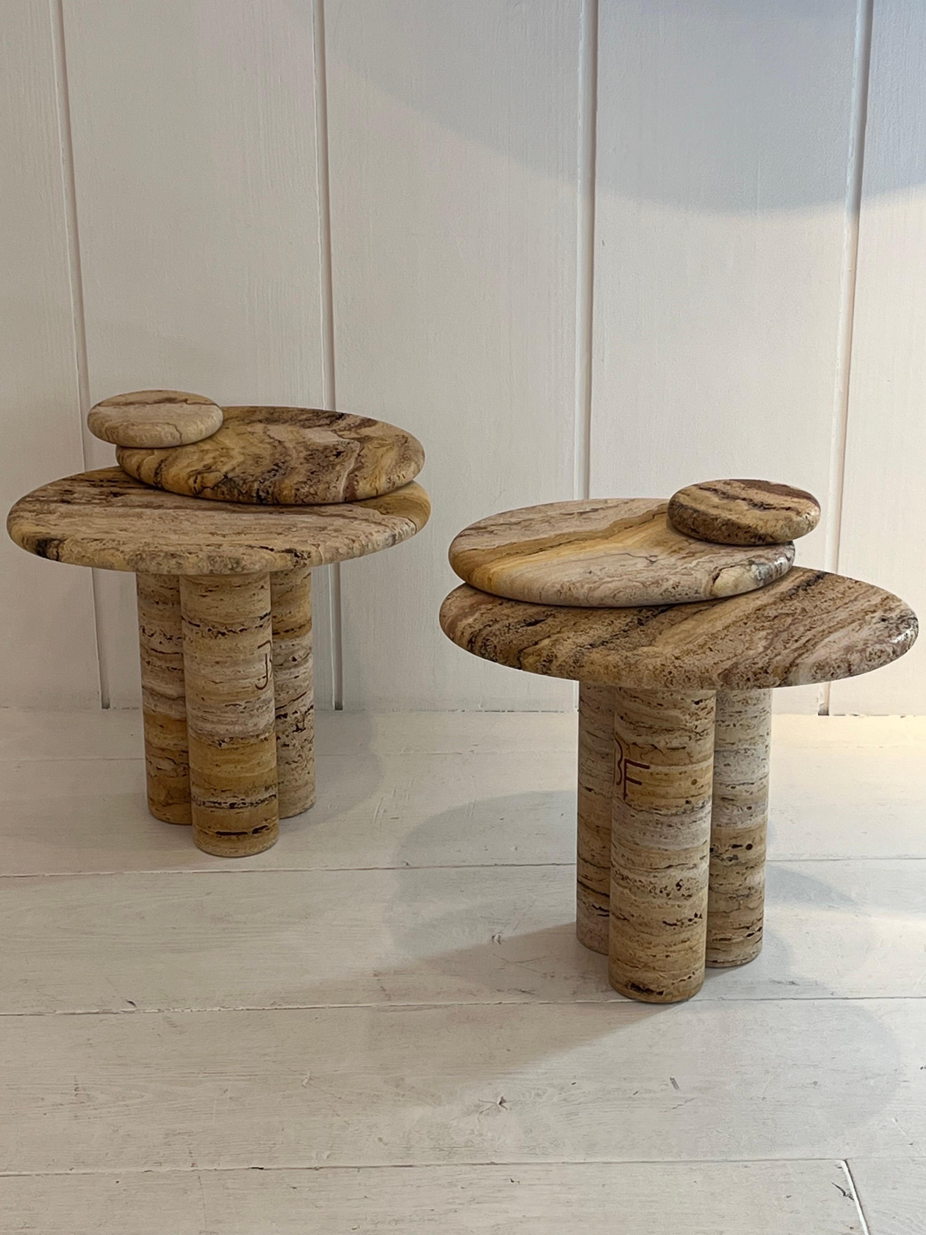 Contemporary Pair of Travertine Side Tables by Jean Frederic Bourdier For Sale