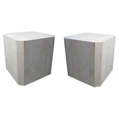 Pair of Travertine Square Cube Post Modern side end tables nightstands