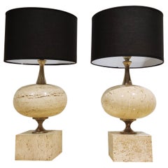 Pair of Travertine Table Lamps by Maison Barbier, 1970s