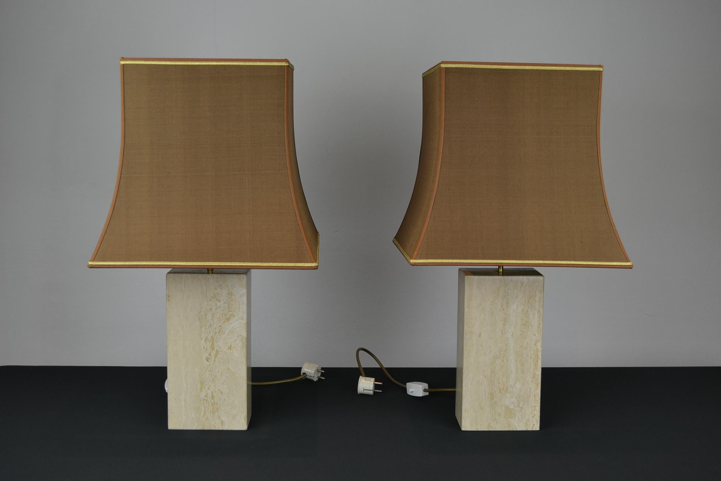 Brass Pair of Travertine Table Lamps, Europe, 1970s