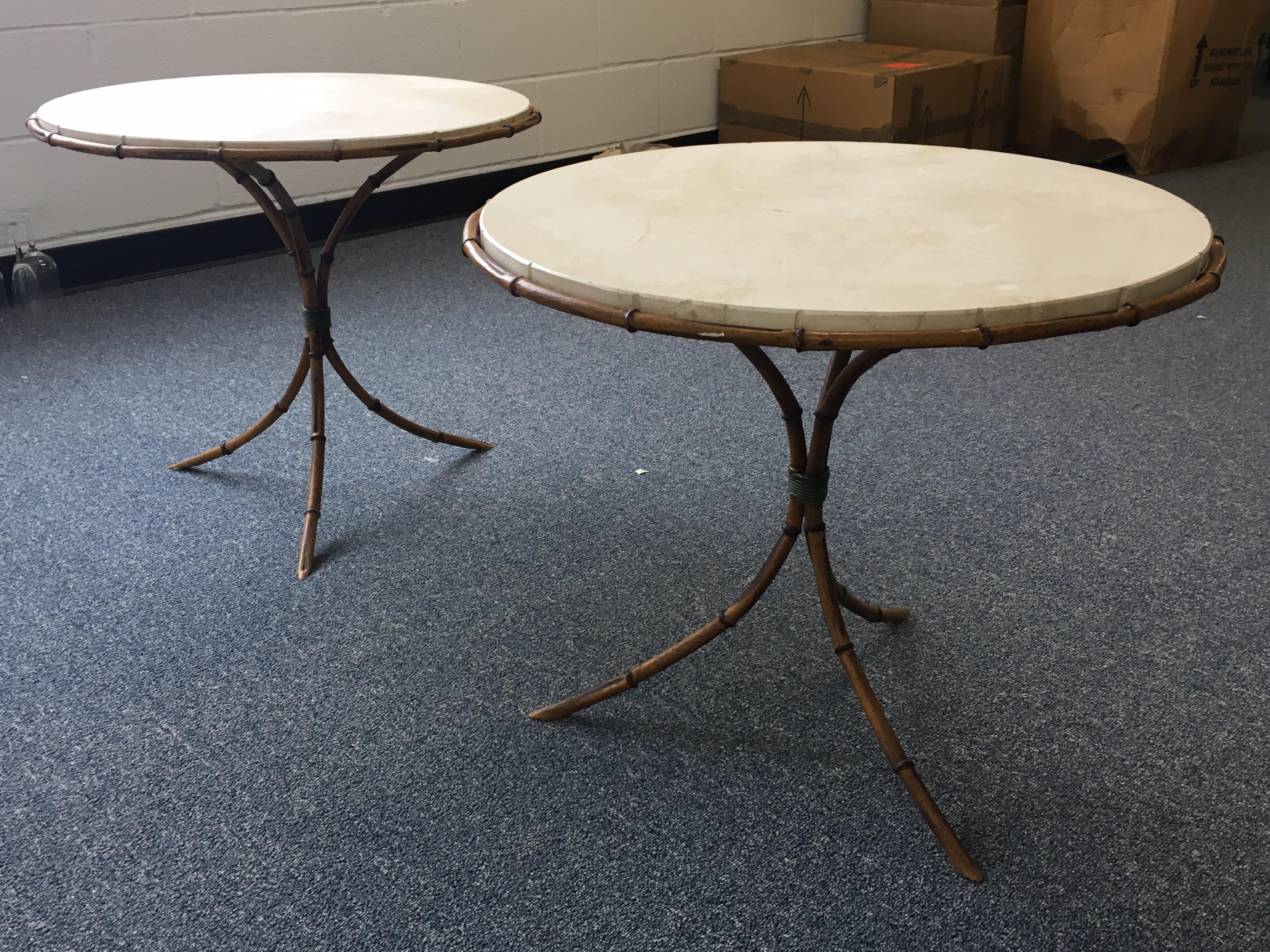 Pair of Travertine Top Bamboo Tripod Base Tables 5