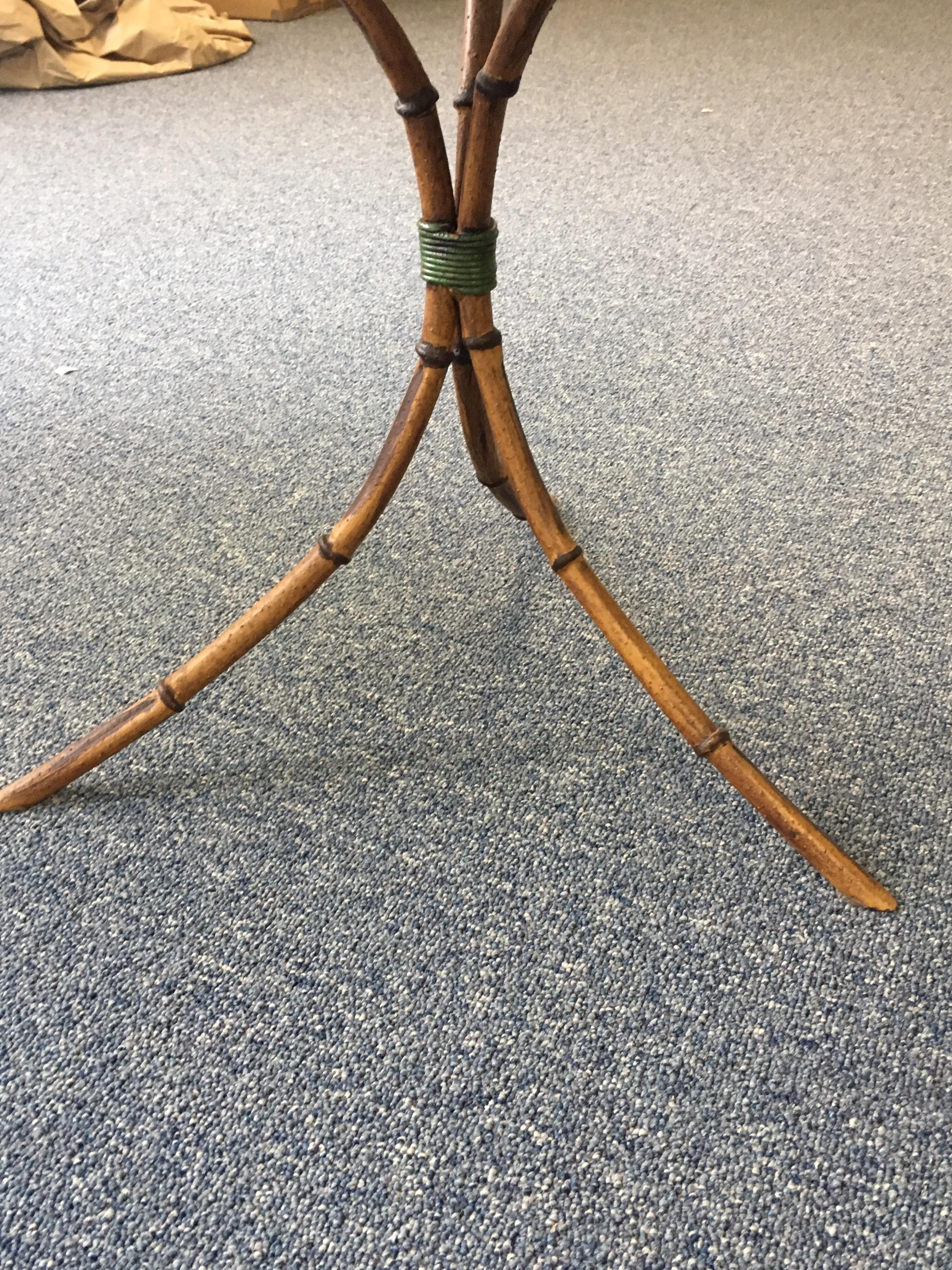 Pair of Travertine Top Bamboo Tripod Base Tables 8