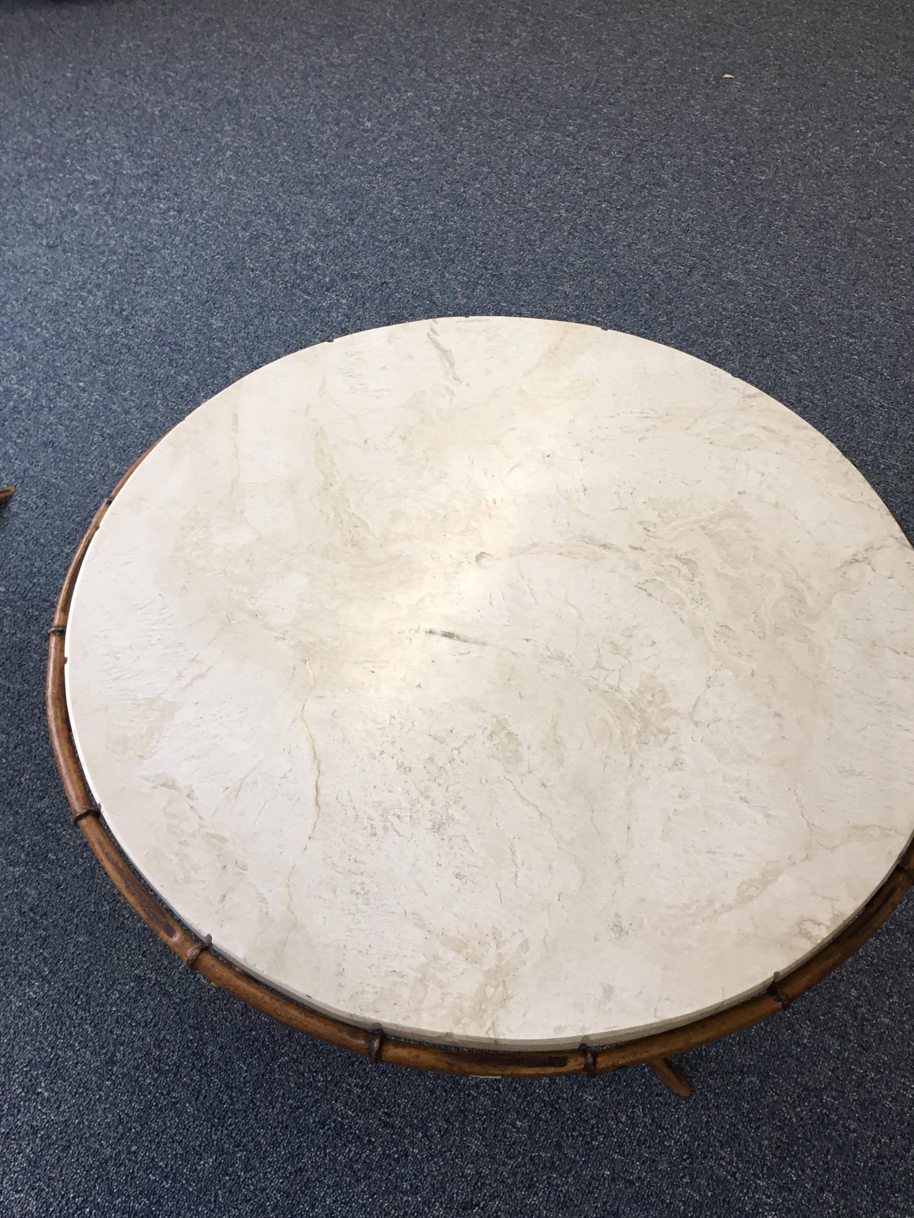 Pair of Travertine Top Bamboo Tripod Base Tables 11