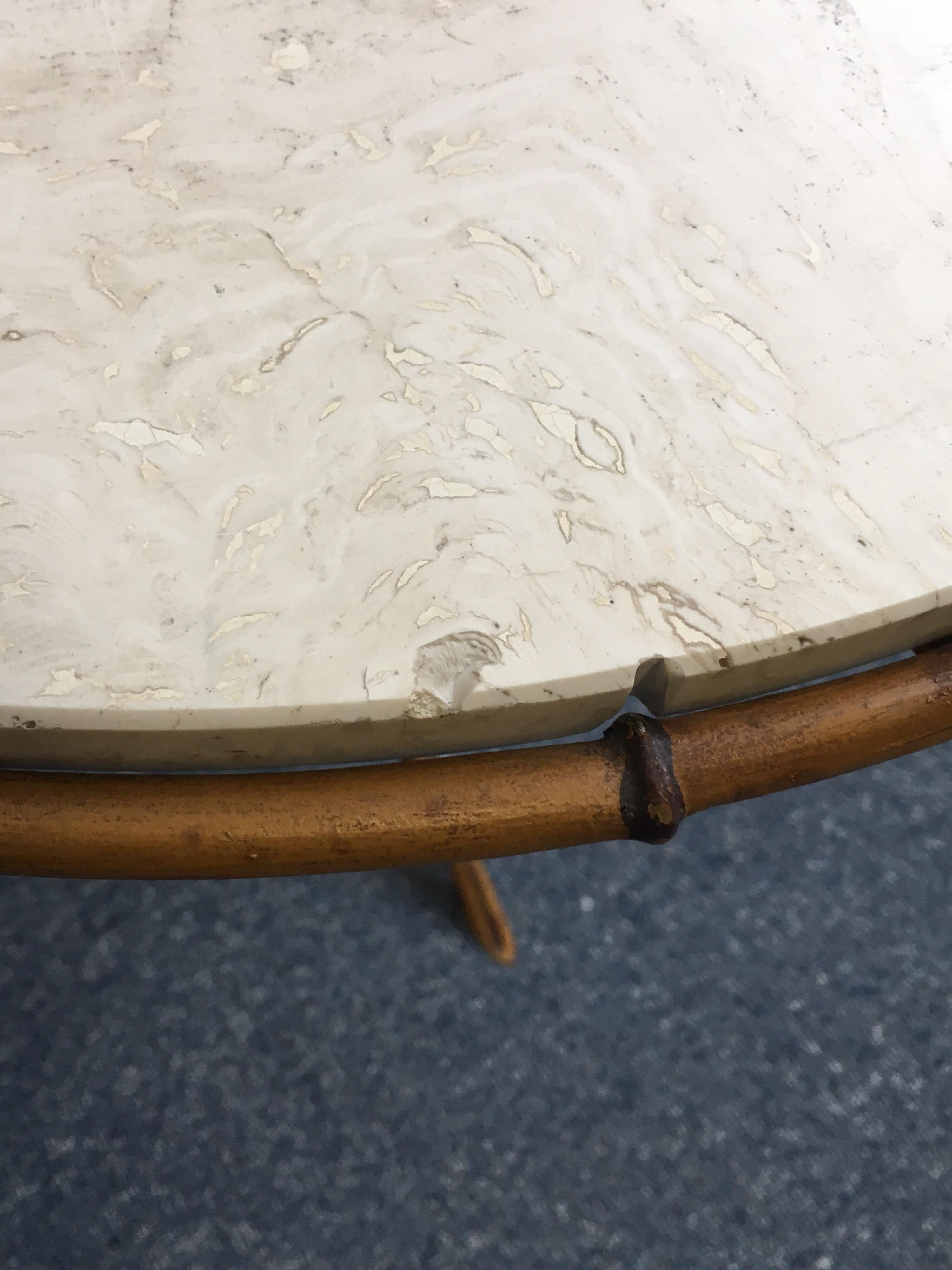 Pair of Travertine Top Bamboo Tripod Base Tables 13