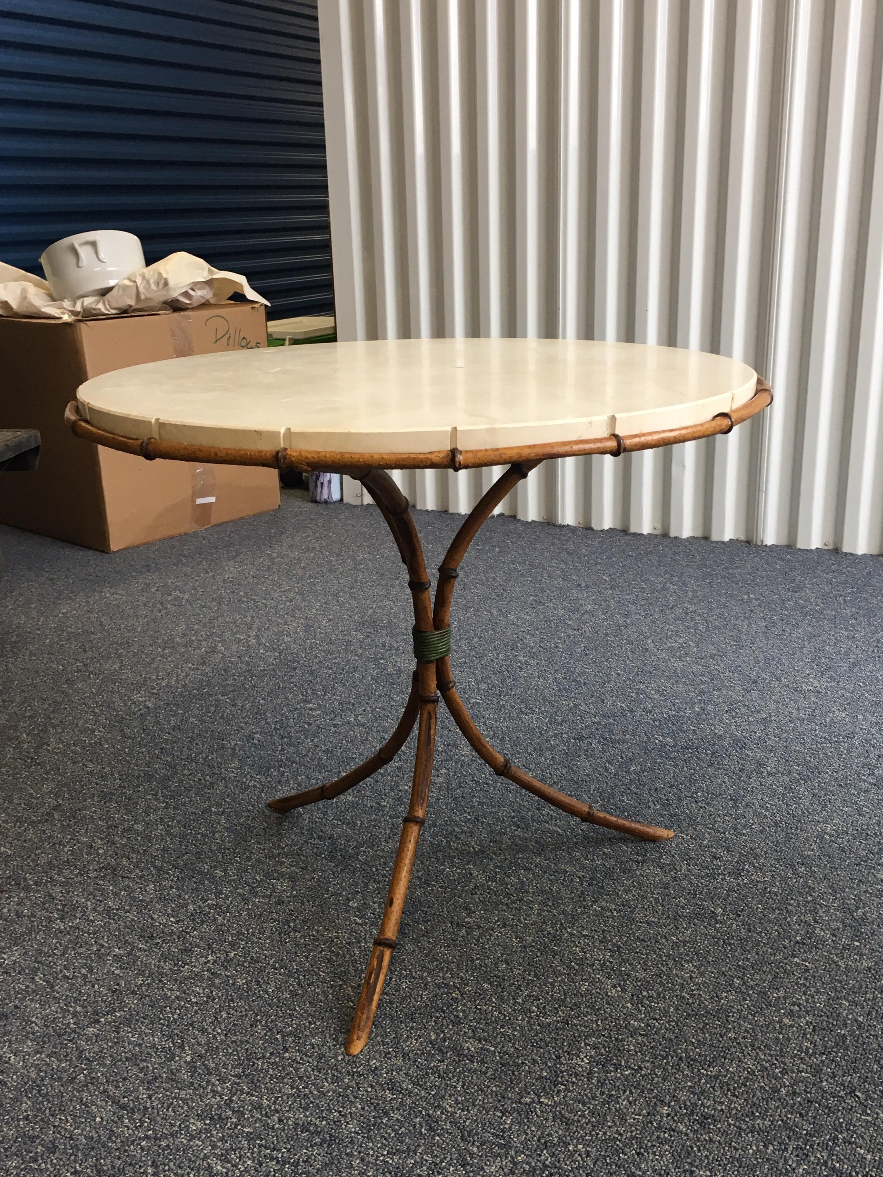 Pair of Travertine Top Bamboo Tripod Base Tables In Good Condition In Southampton, NY