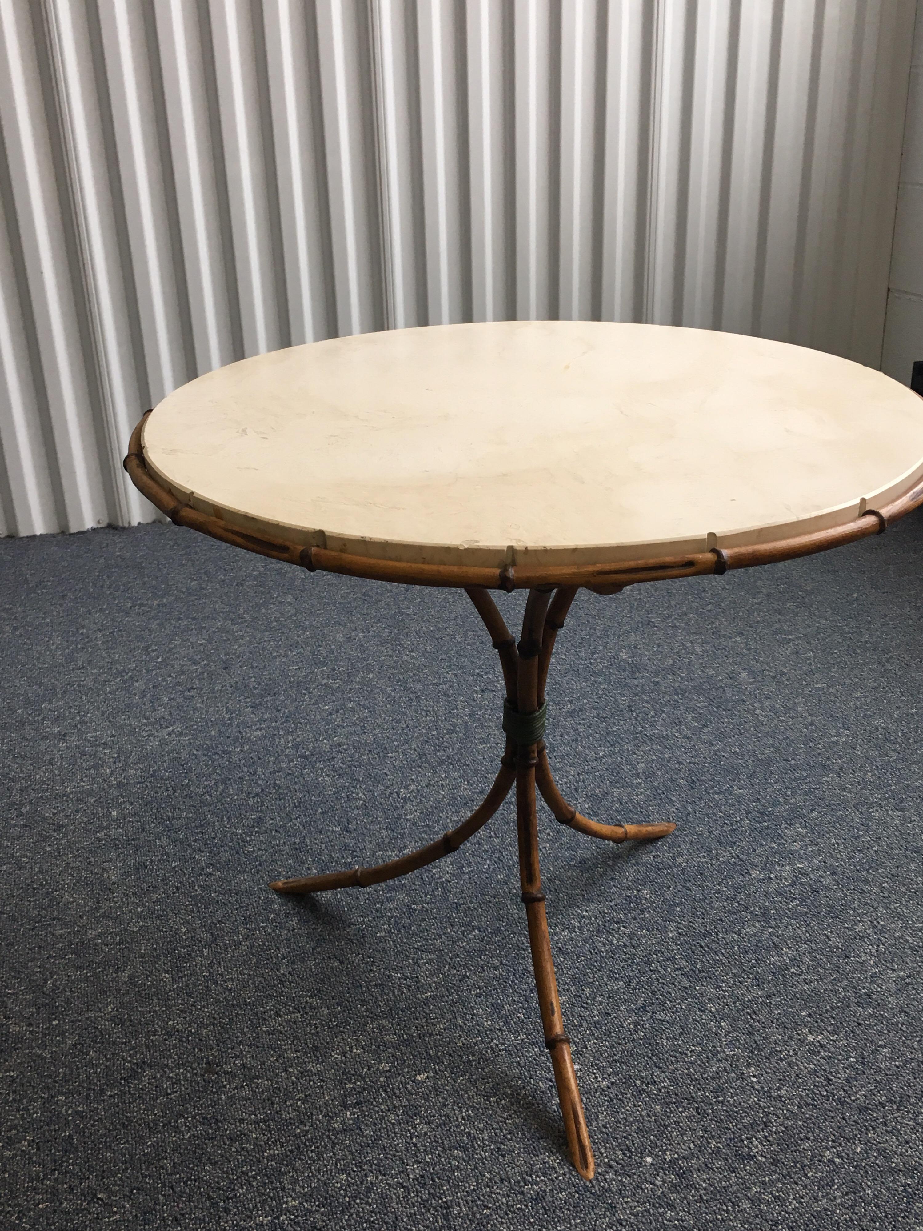 Faux Bamboo Pair of Travertine Top Bamboo Tripod Base Tables