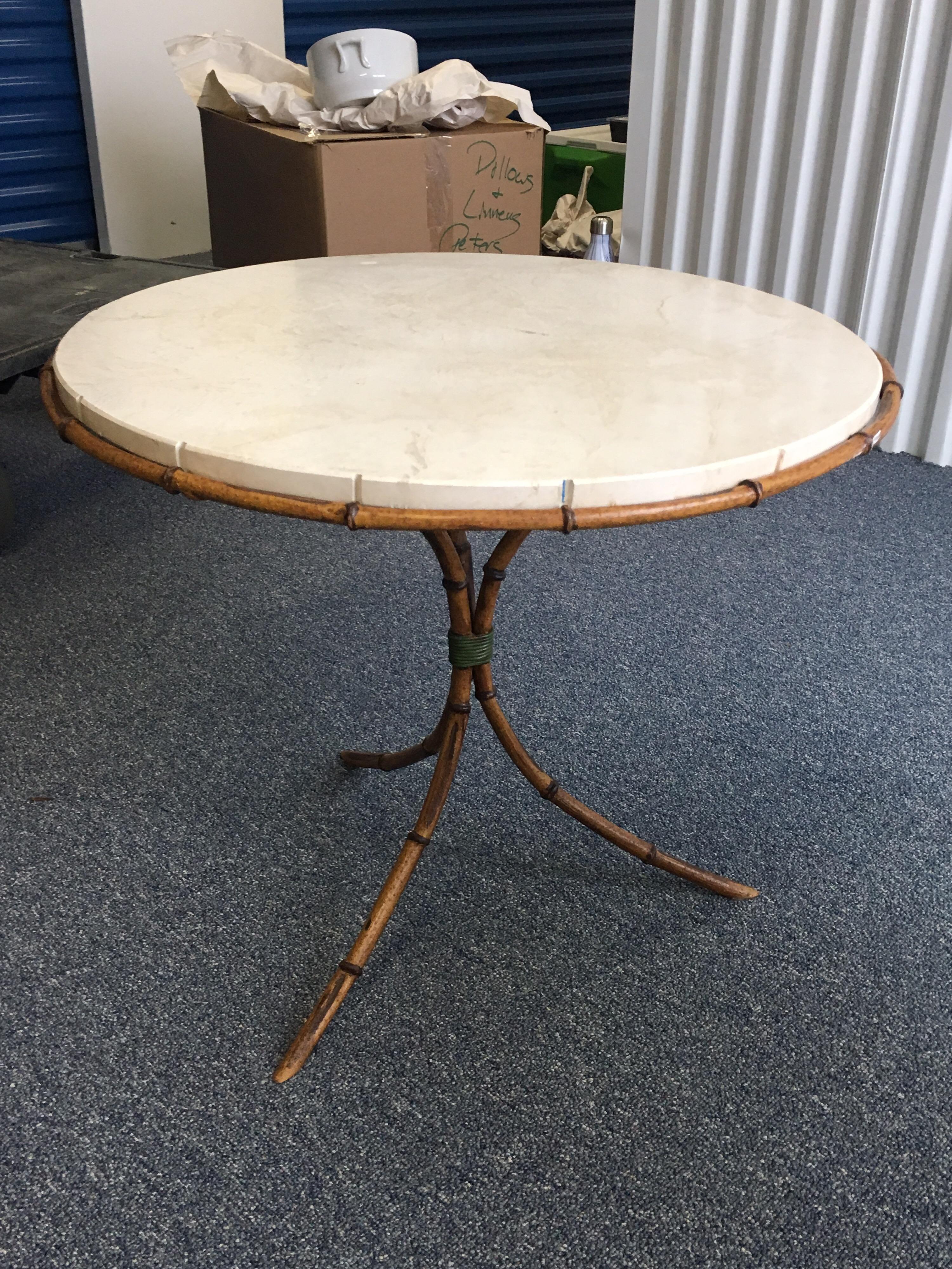 Pair of Travertine Top Bamboo Tripod Base Tables 3