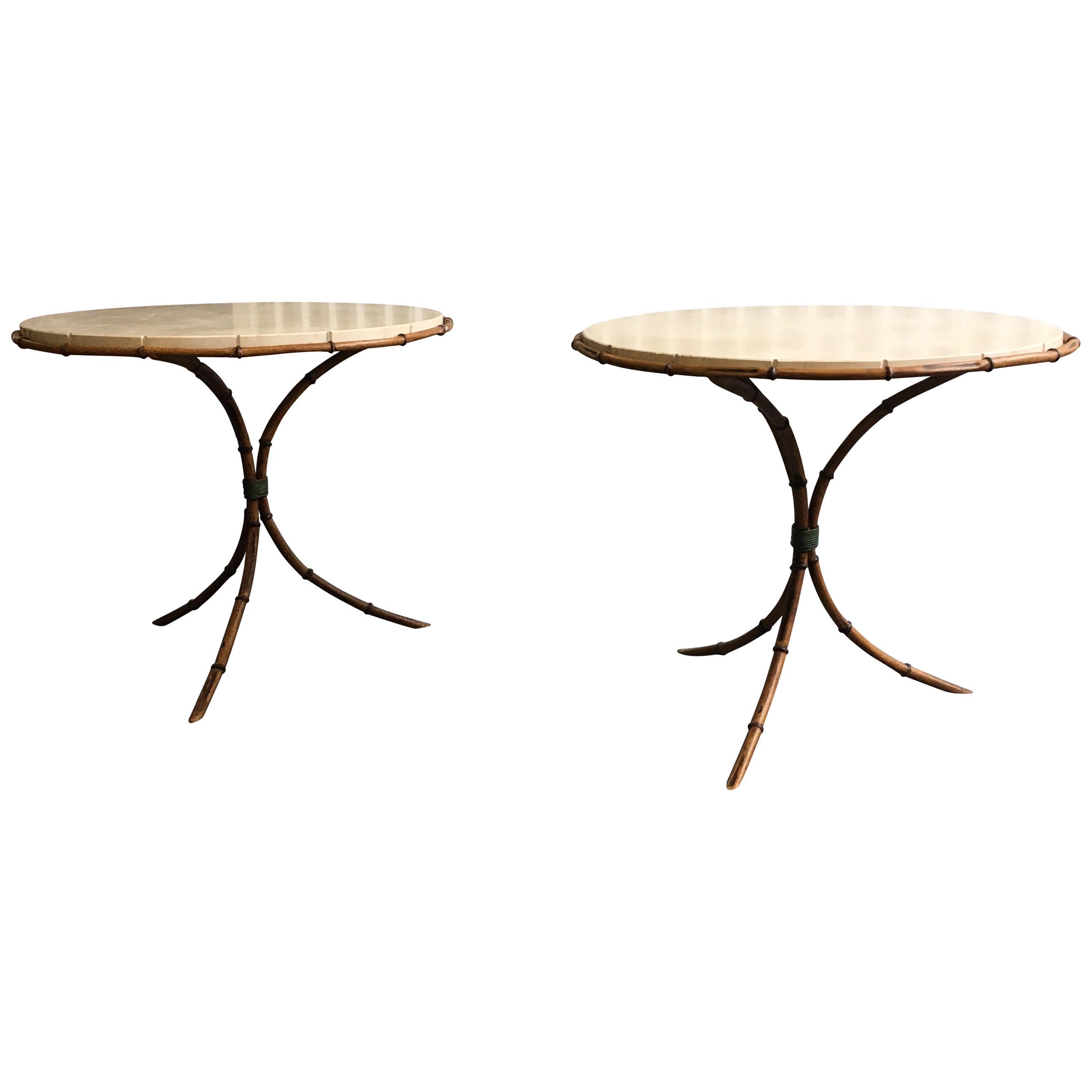Pair of Travertine Top Bamboo Tripod Base Tables