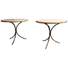 Pair of Travertine Top Bamboo Tripod Base Tables