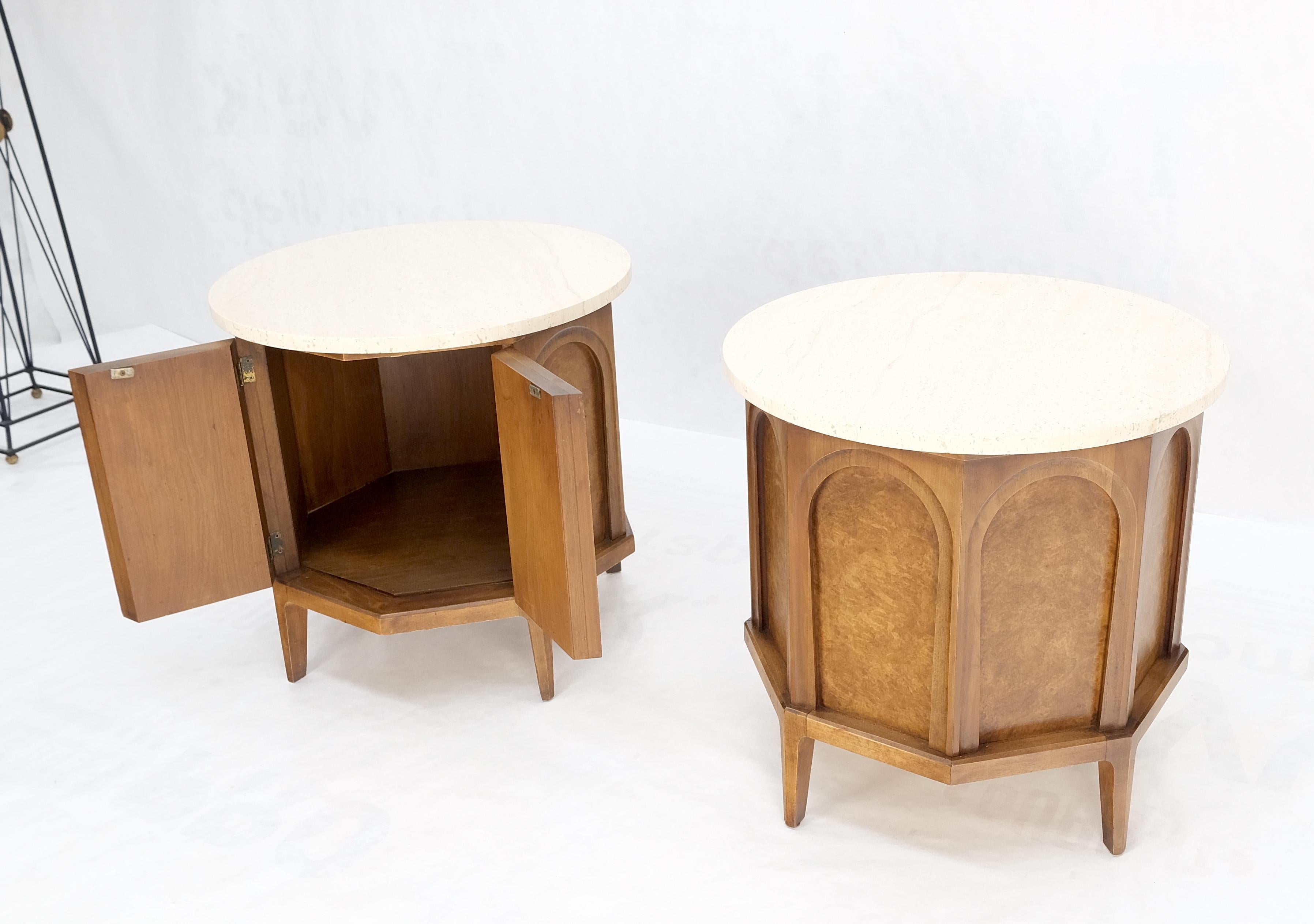 Pair of Travertine Top Round Drum Shape Two Doors End Side Tables Night Stands 4