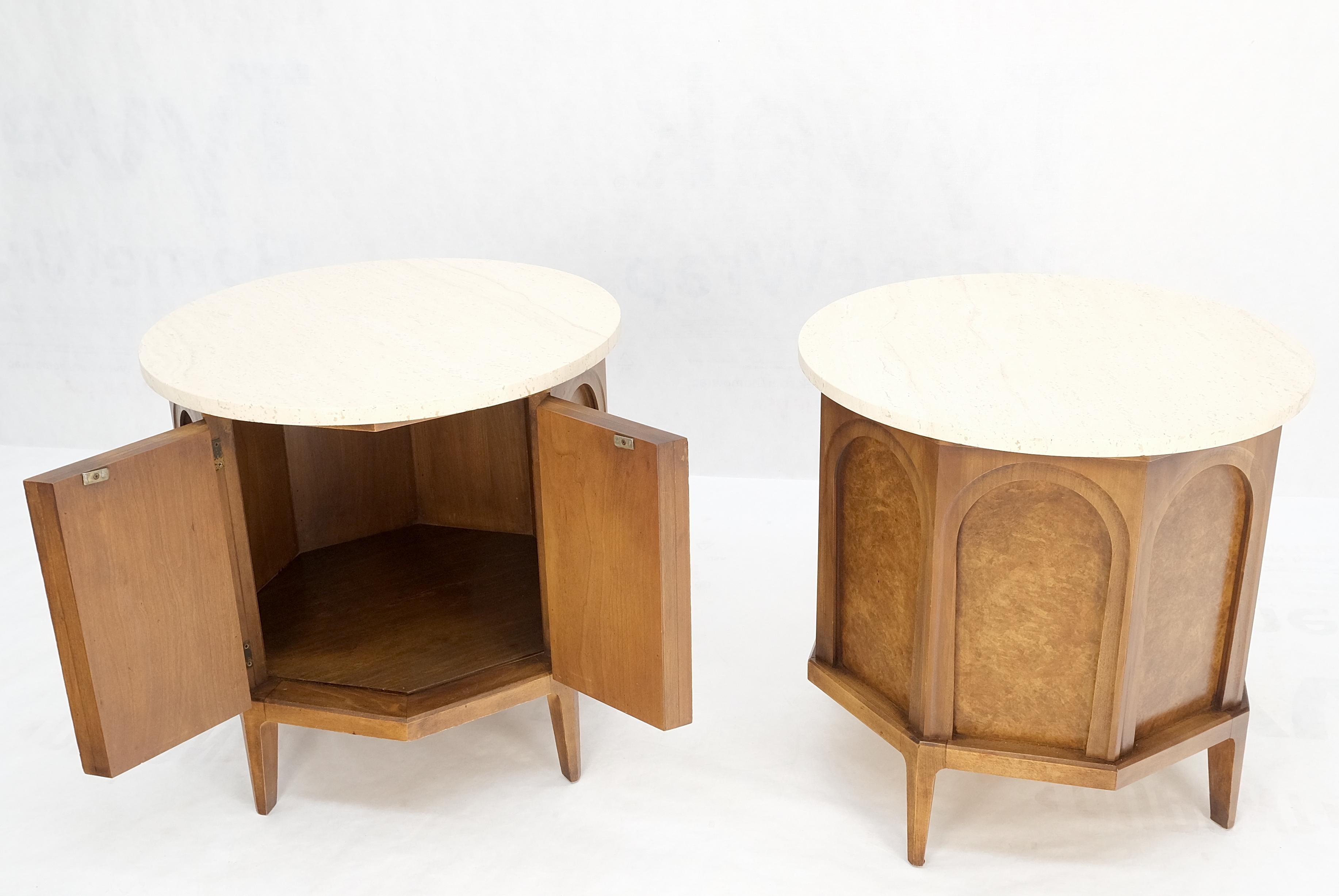 Pair of Travertine Top Round Drum Shape Two Doors End Side Tables Night Stands 5
