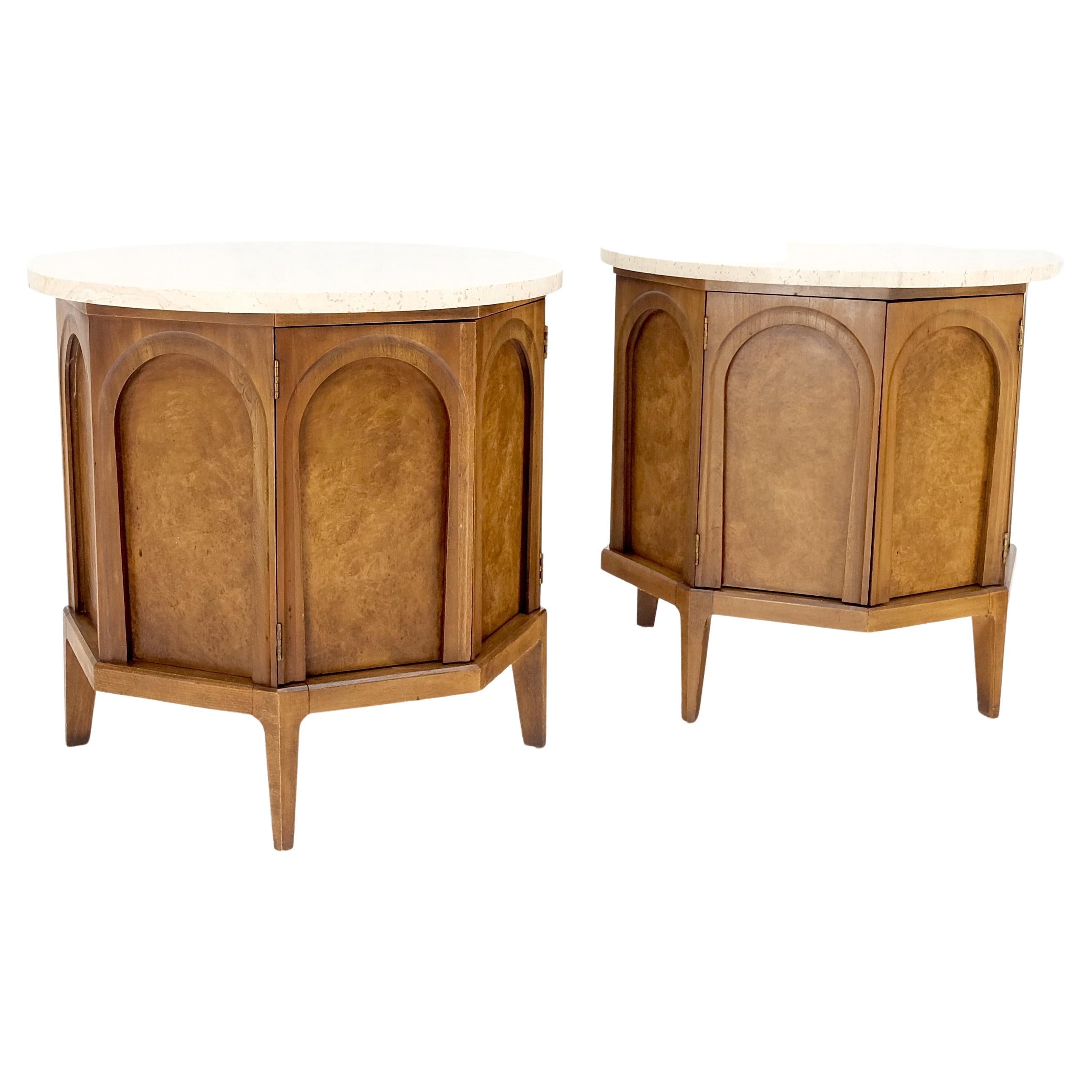 Mid-Century Modern Pair of Travertine Top Round Drum Shape Two Doors End Side Tables Night Stands