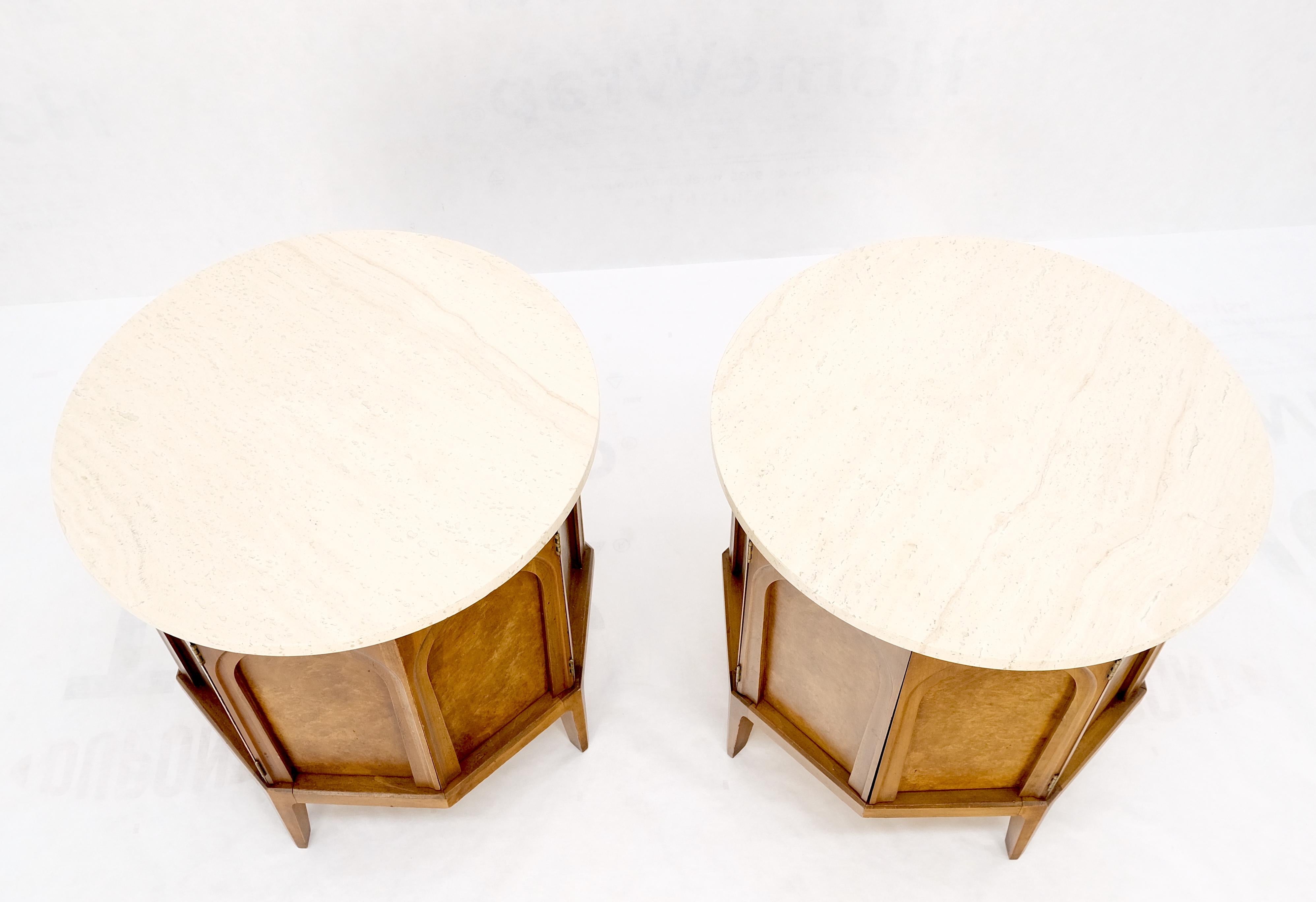 Pair of Travertine Top Round Drum Shape Two Doors End Side Tables Night Stands 2