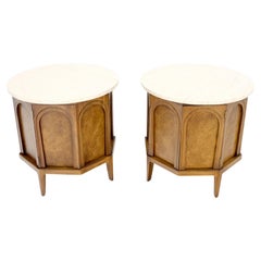 Pair of Travertine Top Round Drum Shape Two Doors End Side Tables Night Stands